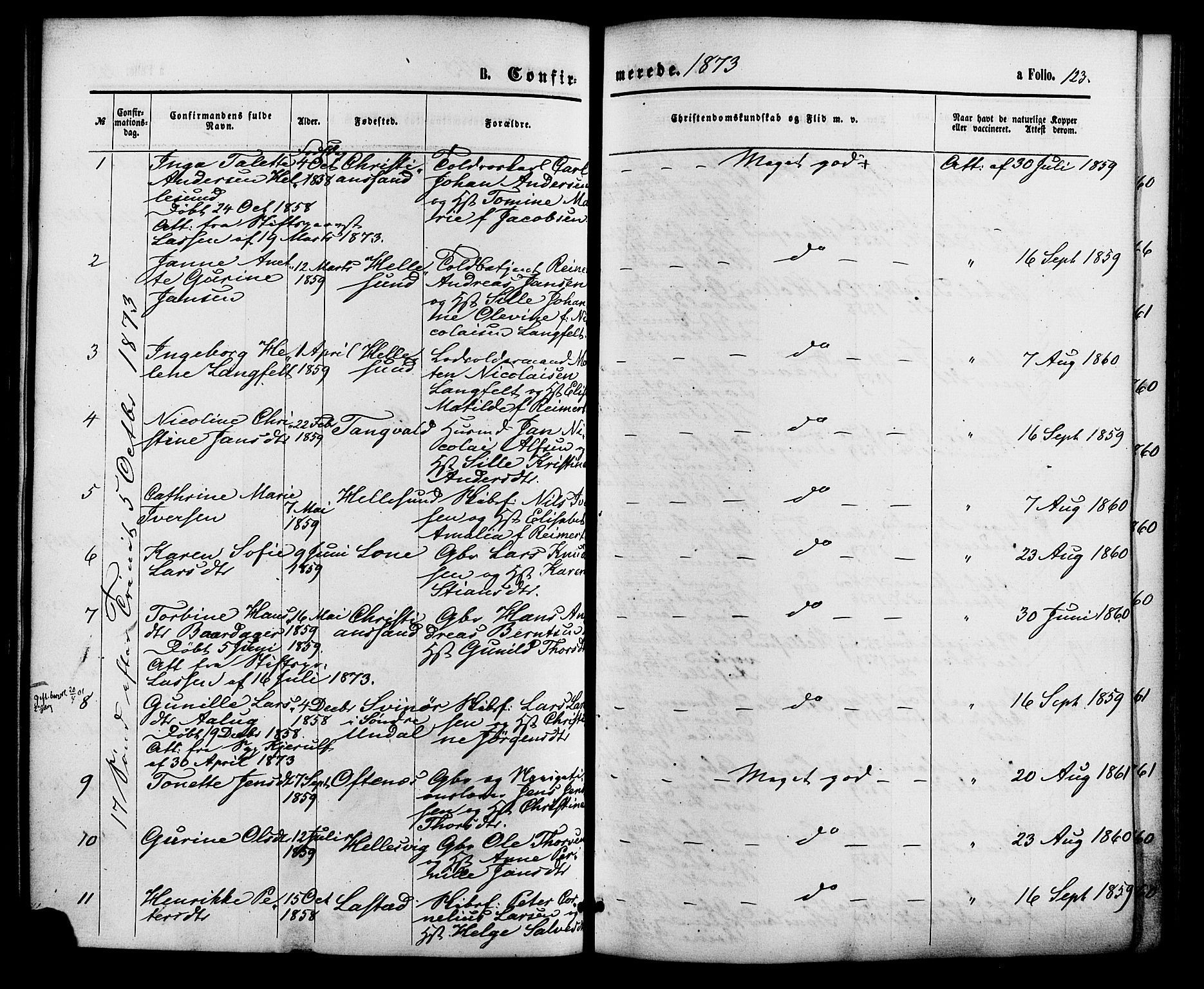 Søgne sokneprestkontor, SAK/1111-0037/F/Fa/Fab/L0011: Parish register (official) no. A 11, 1869-1879, p. 123
