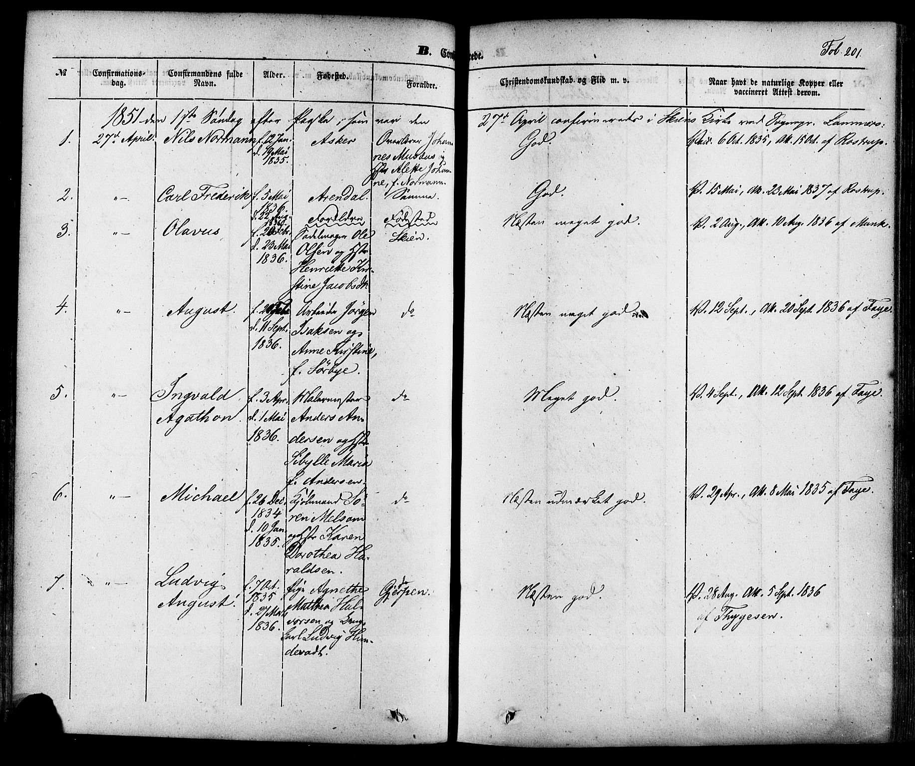 Skien kirkebøker, SAKO/A-302/F/Fa/L0006a: Parish register (official) no. 6A, 1843-1856, p. 201