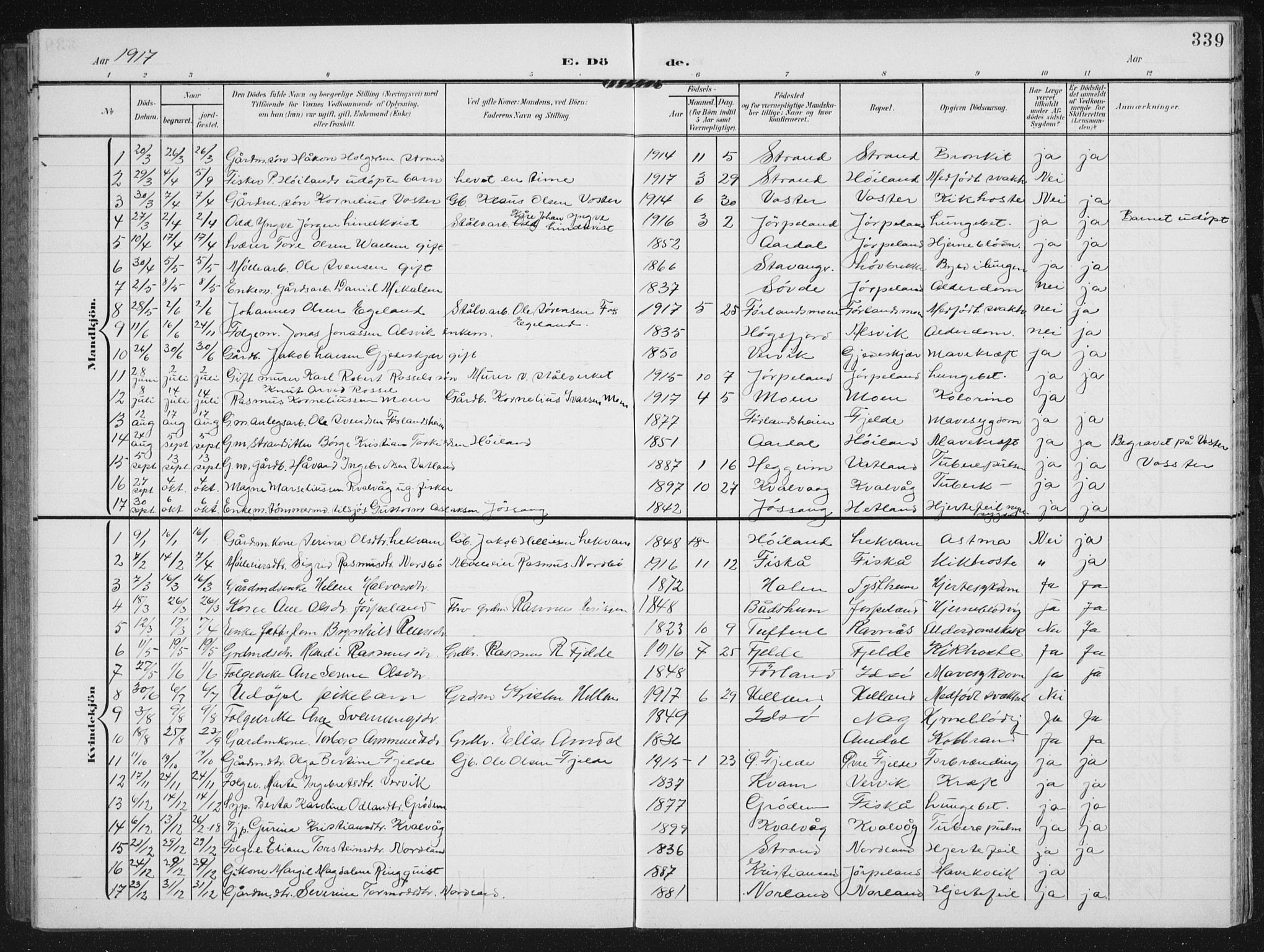 Strand sokneprestkontor, AV/SAST-A-101828/H/Ha/Hab/L0005: Parish register (copy) no. B 5, 1904-1934, p. 339