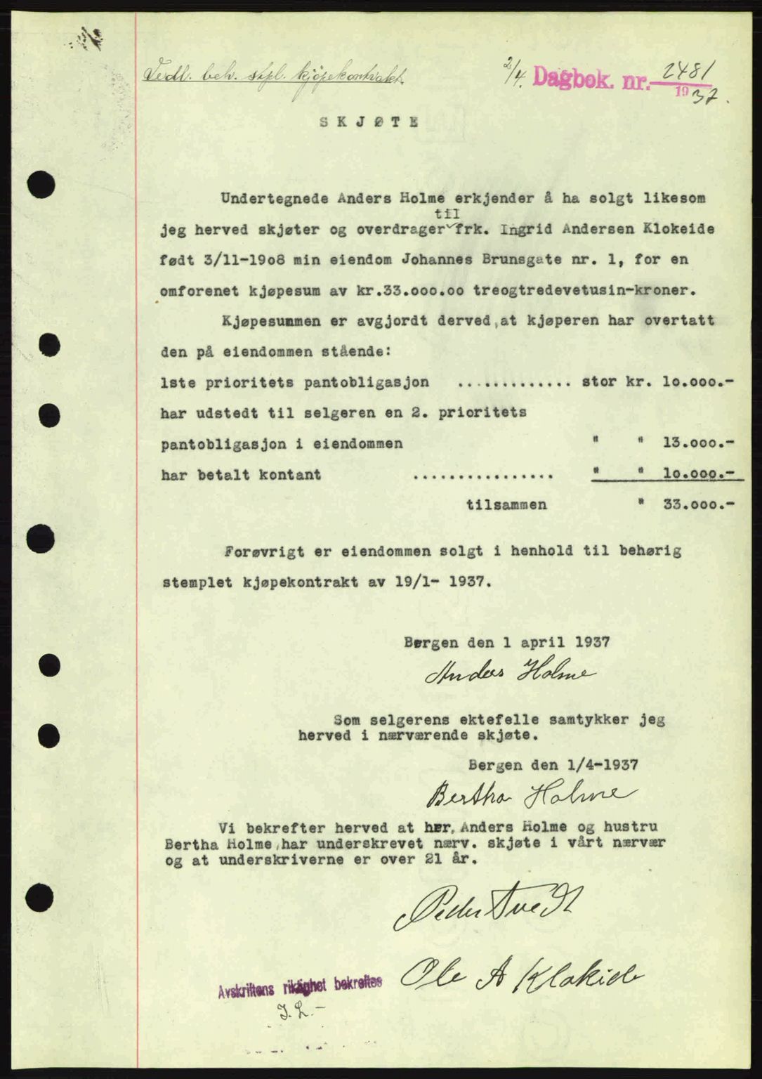 Byfogd og Byskriver i Bergen, SAB/A-3401/03/03Bc/L0004: Mortgage book no. A3-4, 1936-1937, Diary no: : 2481/1937