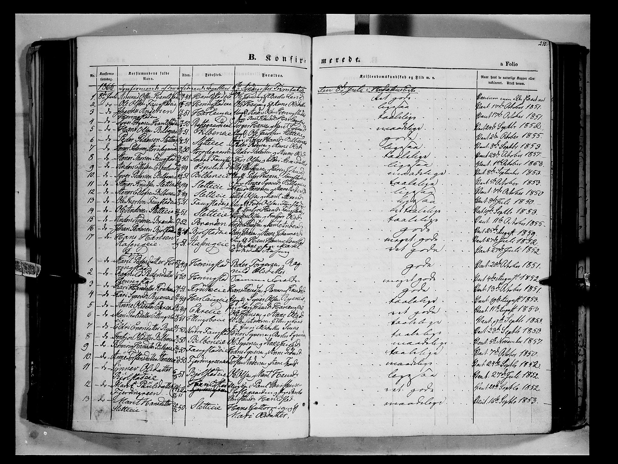 Vågå prestekontor, SAH/PREST-076/H/Ha/Haa/L0006: Parish register (official) no. 6 /1, 1856-1872, p. 210