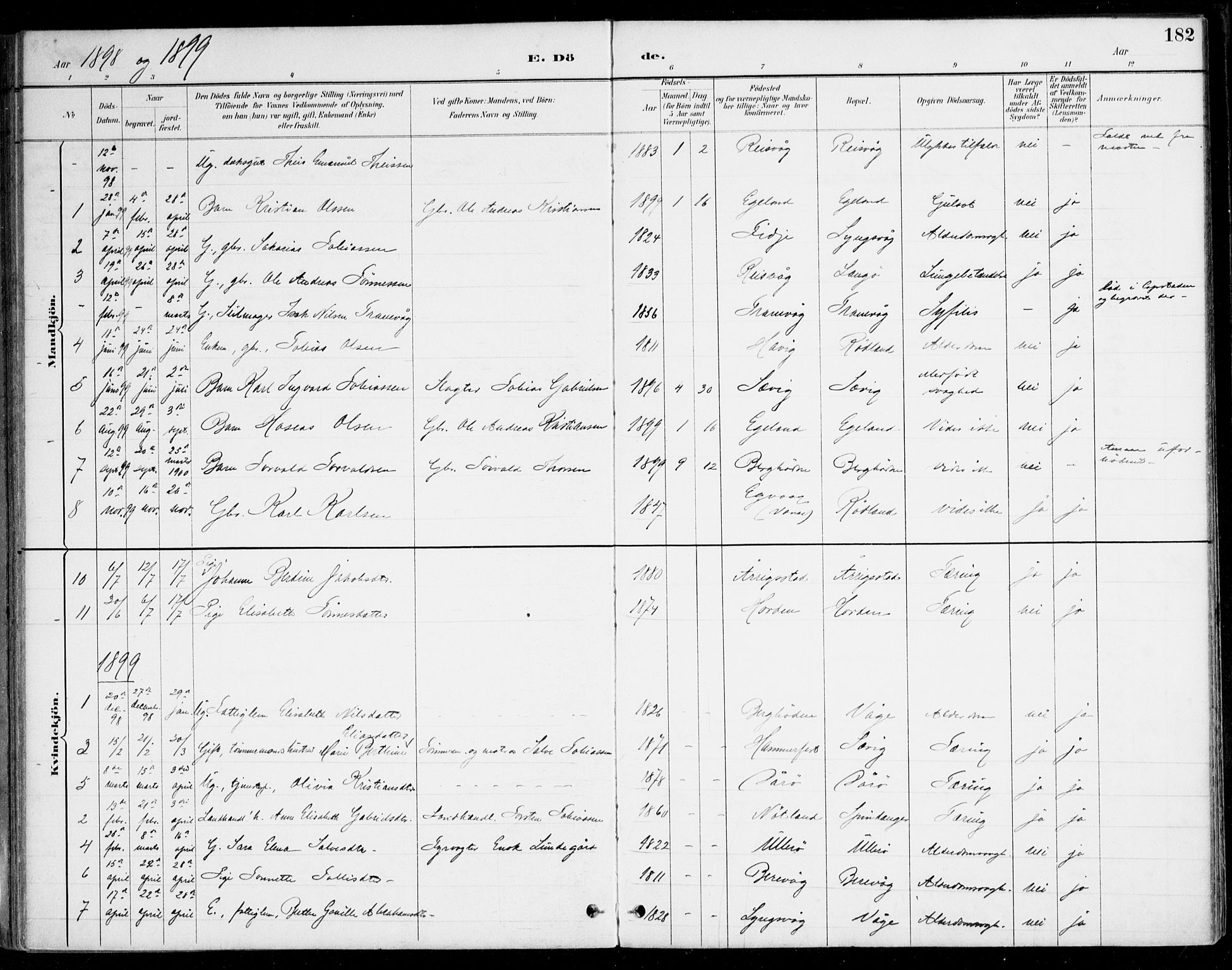Herad sokneprestkontor, SAK/1111-0018/F/Fa/Fab/L0005: Parish register (official) no. A 5, 1886-1913, p. 182