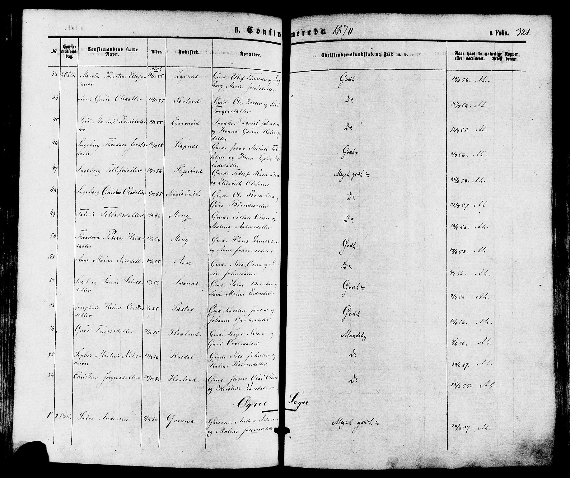 Eigersund sokneprestkontor, AV/SAST-A-101807/S08/L0014: Parish register (official) no. A 13, 1866-1878, p. 321