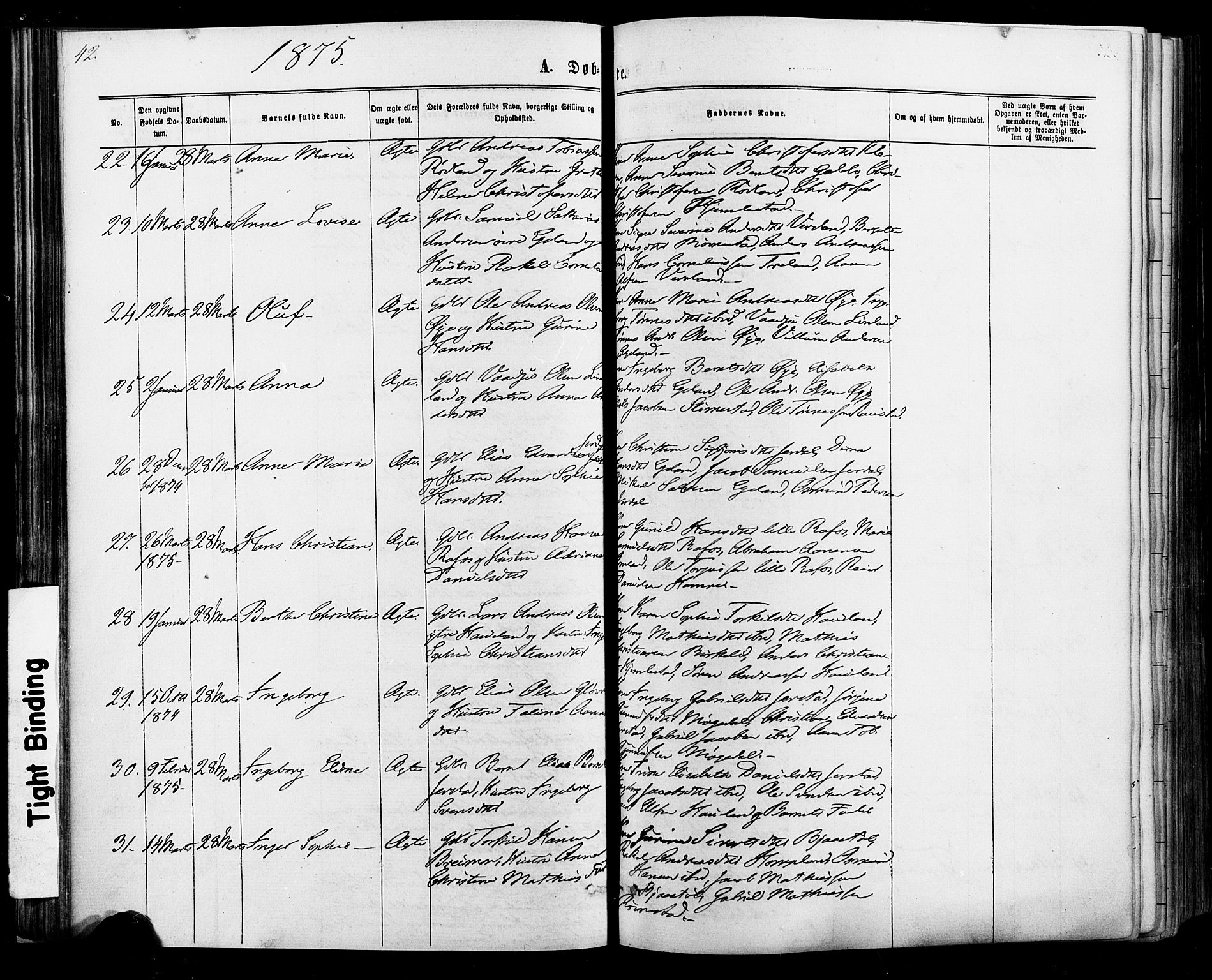 Kvinesdal sokneprestkontor, SAK/1111-0026/F/Fa/Fab/L0007: Parish register (official) no. A 7, 1870-1885, p. 42