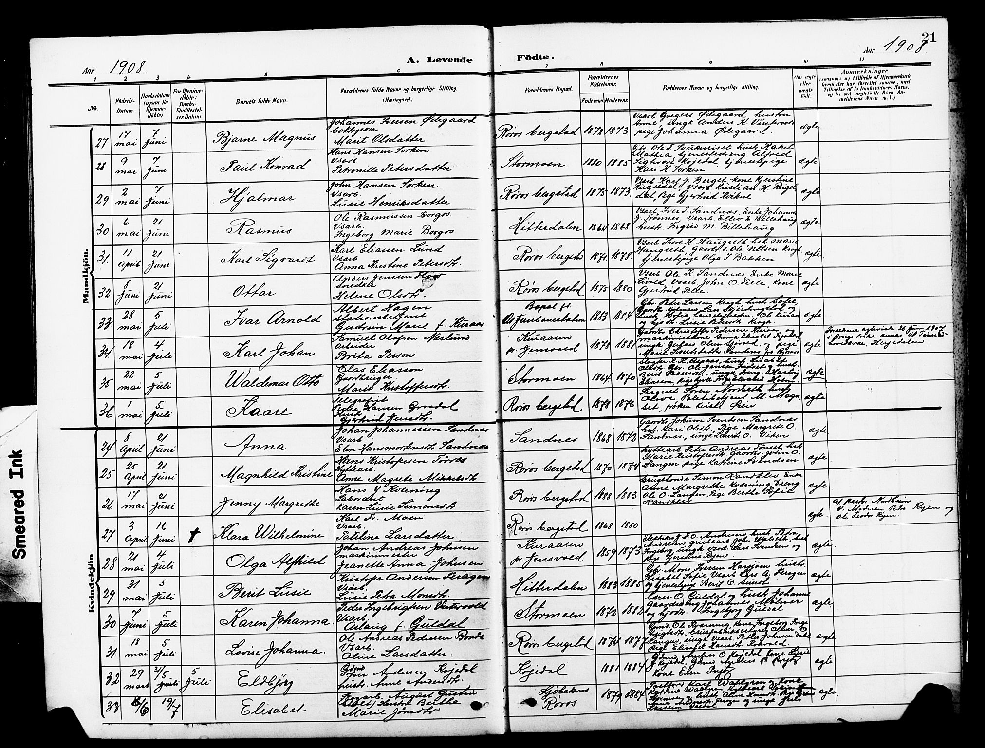Ministerialprotokoller, klokkerbøker og fødselsregistre - Sør-Trøndelag, SAT/A-1456/681/L0942: Parish register (copy) no. 681C06, 1906-1925, p. 21