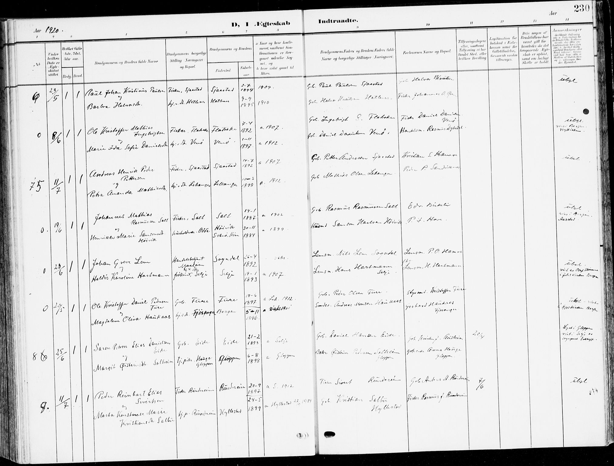Selje sokneprestembete, SAB/A-99938/H/Ha/Haa/Haab: Parish register (official) no. B 3, 1908-1923, p. 230