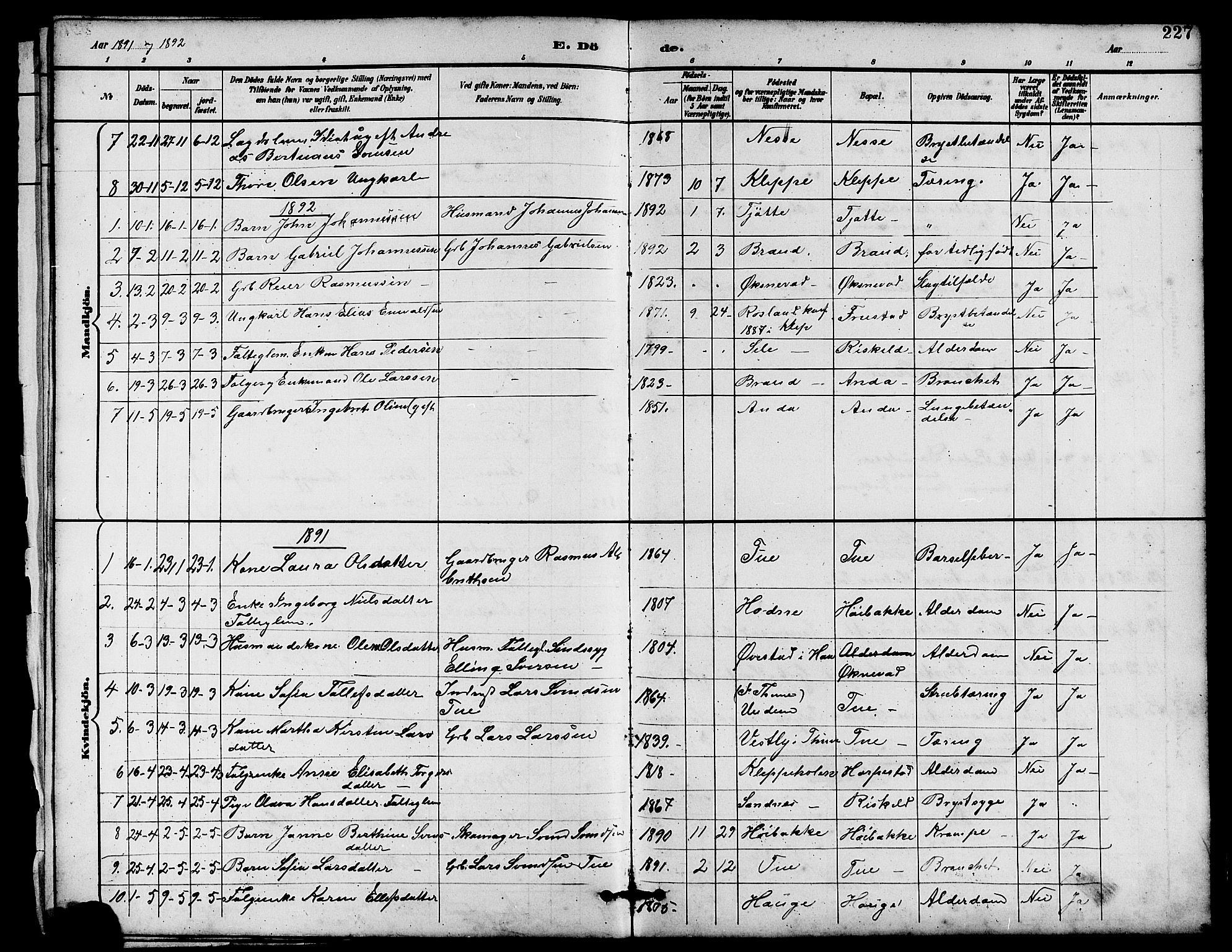 Klepp sokneprestkontor, SAST/A-101803/001/3/30BB/L0004: Parish register (copy) no. B 4, 1889-1914, p. 227