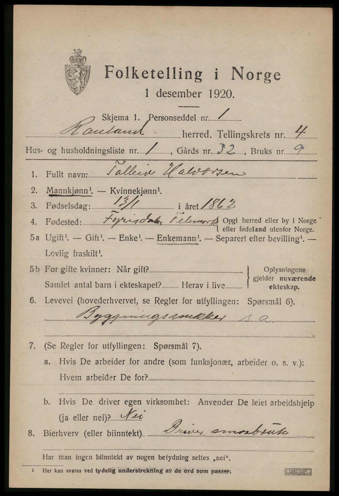 SAKO, 1920 census for Rauland, 1920, p. 806