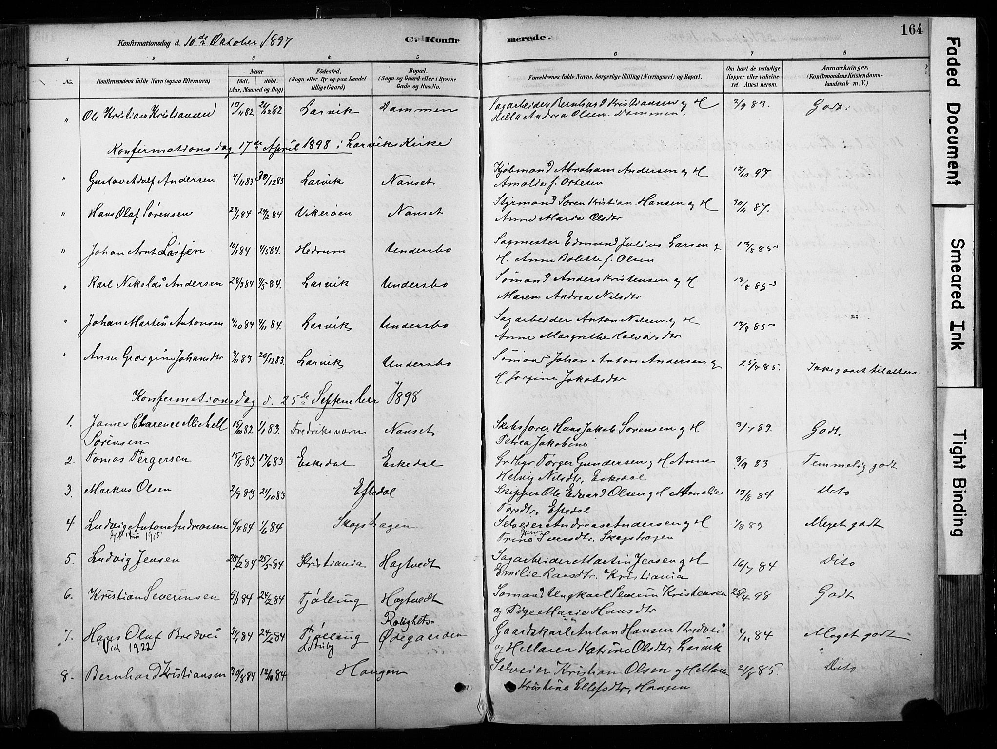 Hedrum kirkebøker, SAKO/A-344/F/Fa/L0009: Parish register (official) no. I 9, 1881-1903, p. 164