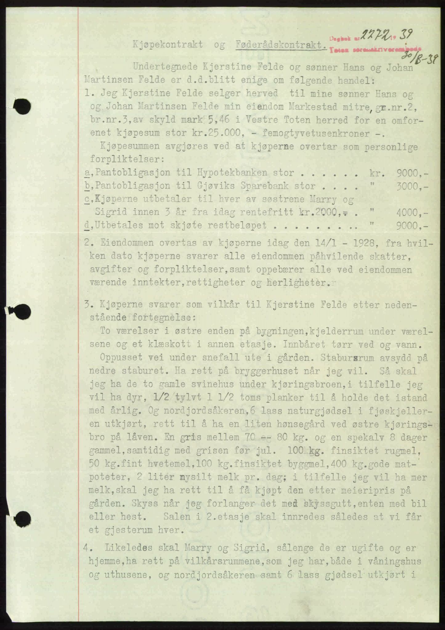 Toten tingrett, SAH/TING-006/H/Hb/Hbc/L0006: Mortgage book no. Hbc-06, 1939-1939, Diary no: : 2272/1939