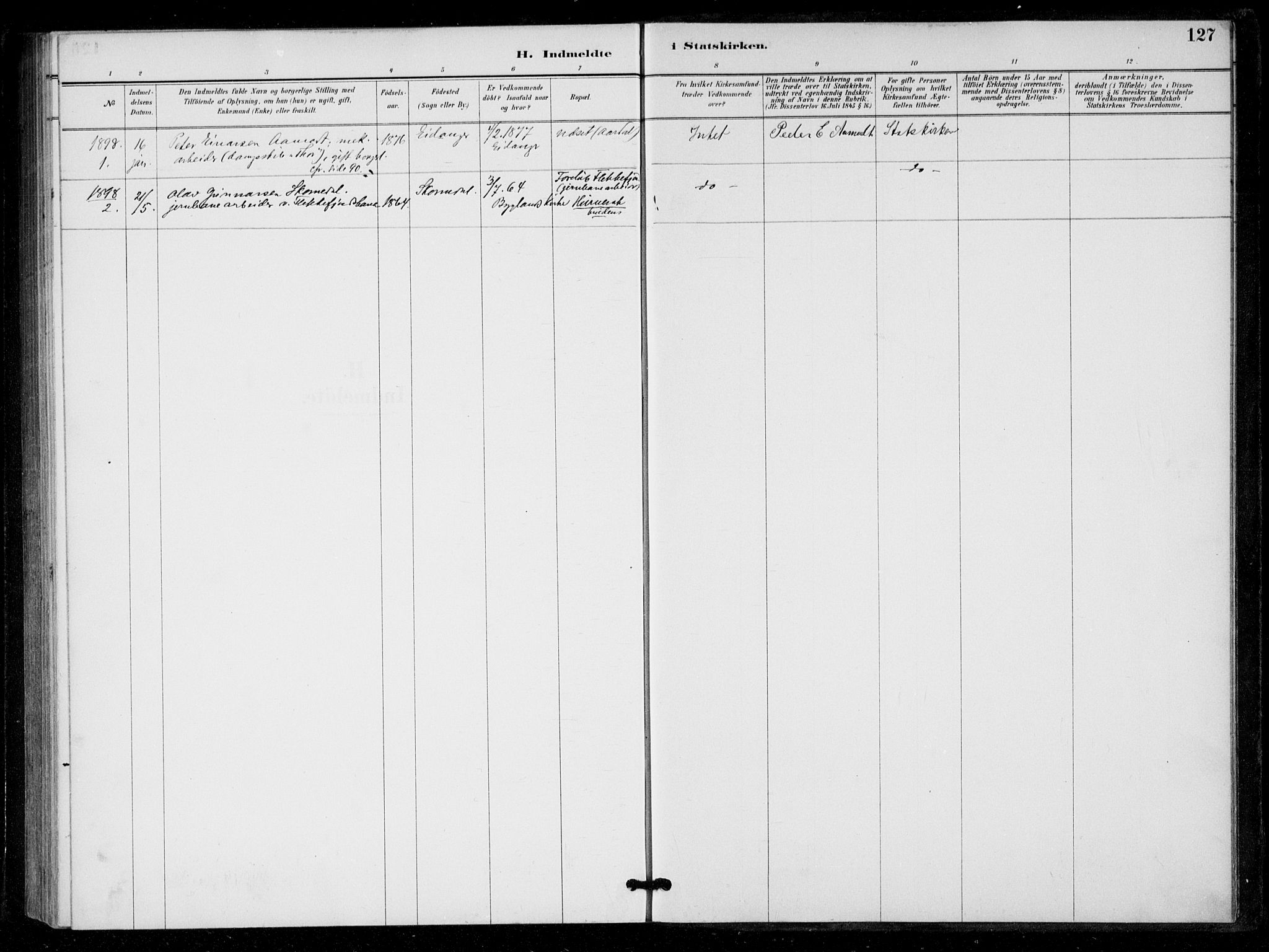 Bygland sokneprestkontor, SAK/1111-0006/F/Fa/Fad/L0001: Parish register (official) no. A 1, 1885-1906, p. 127