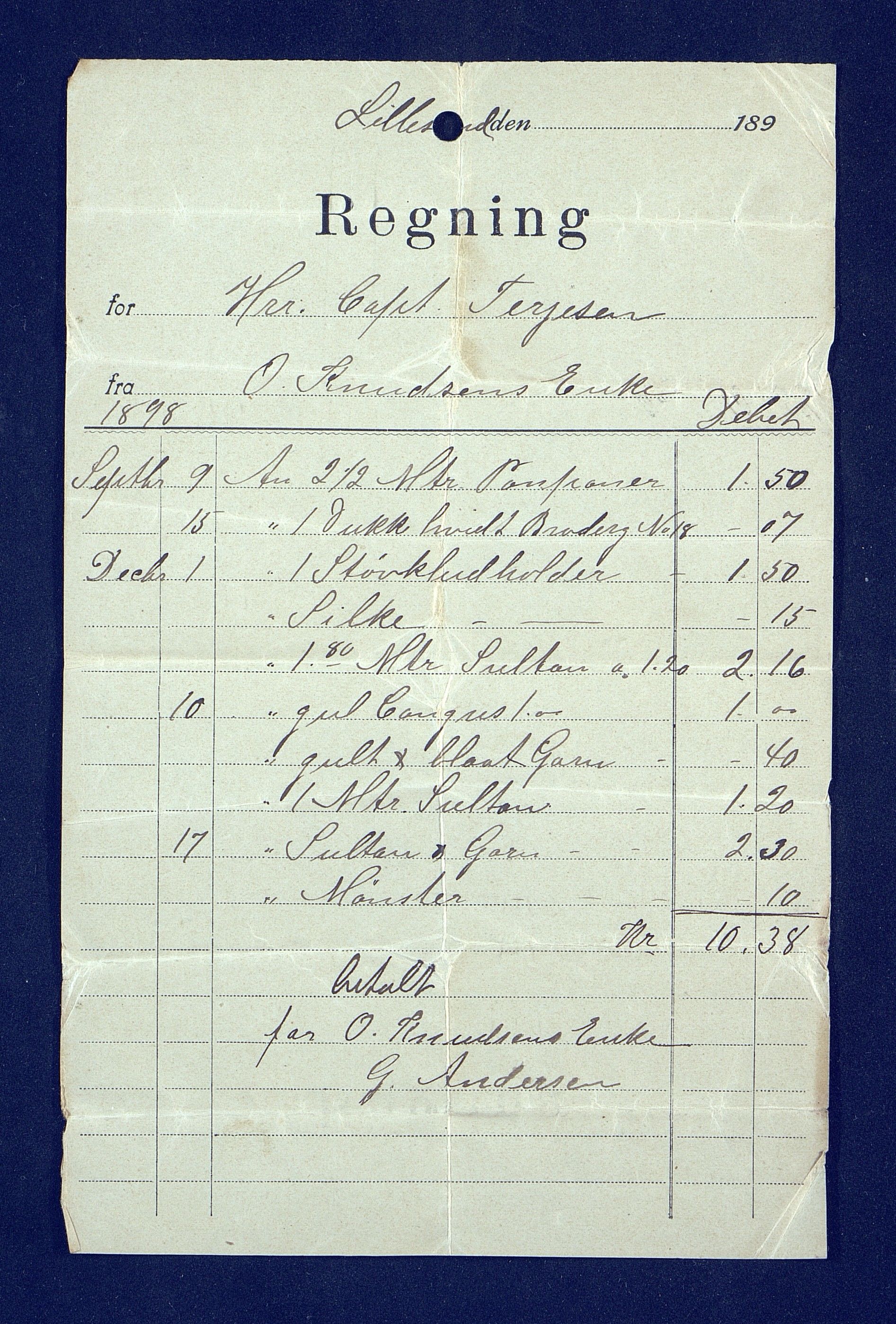 O. Terjesens rederi, AAKS/PA-2525/R/R02/L0001: Regnskapsbilag, 1884-1898