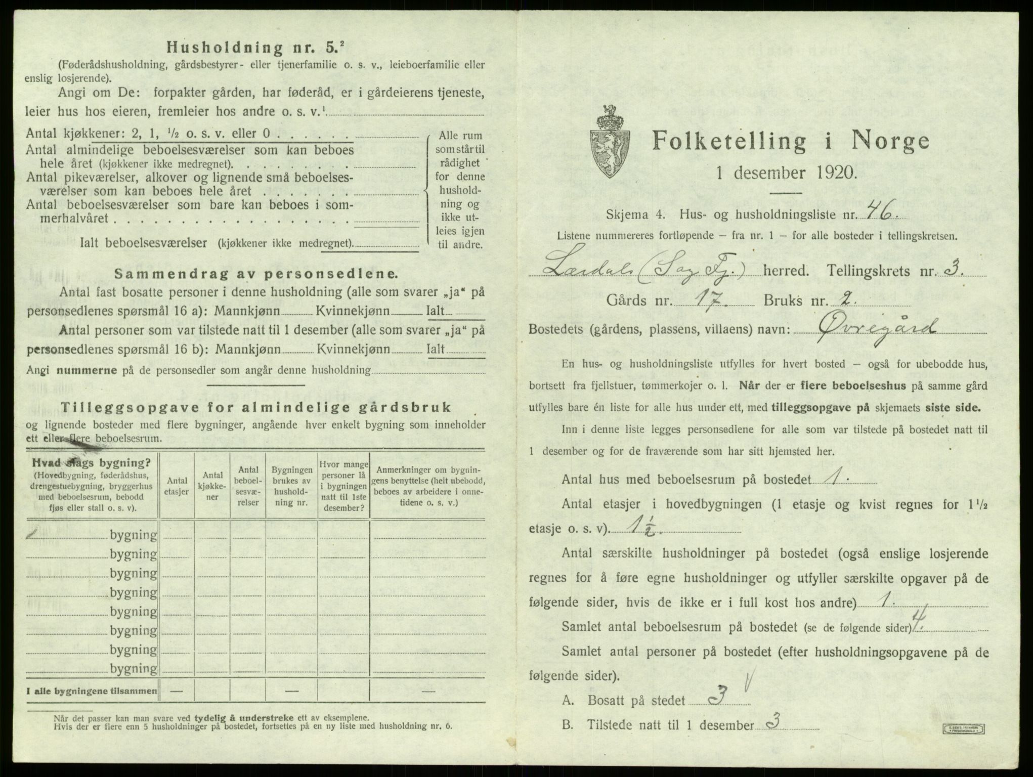 SAB, 1920 census for Lærdal, 1920, p. 307