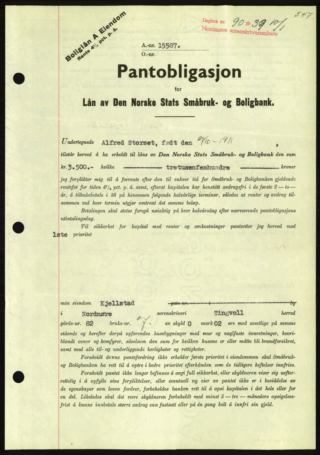 Nordmøre sorenskriveri, SAT/A-4132/1/2/2Ca: Mortgage book no. B84, 1938-1939, Diary no: : 90/1939