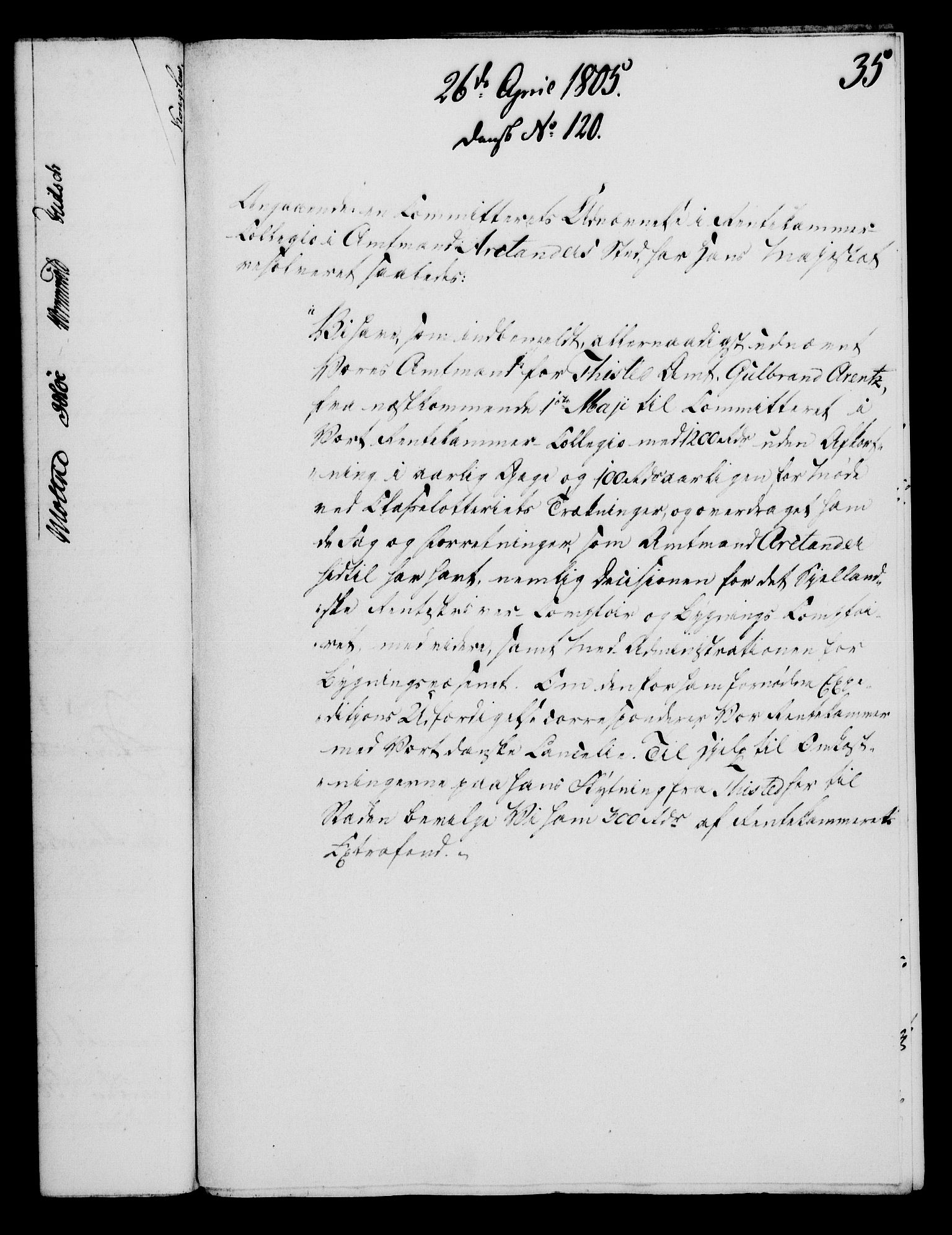 Rentekammeret, Kammerkanselliet, RA/EA-3111/G/Gf/Gfa/L0087: Norsk relasjons- og resolusjonsprotokoll (merket RK 52.87), 1805, p. 201