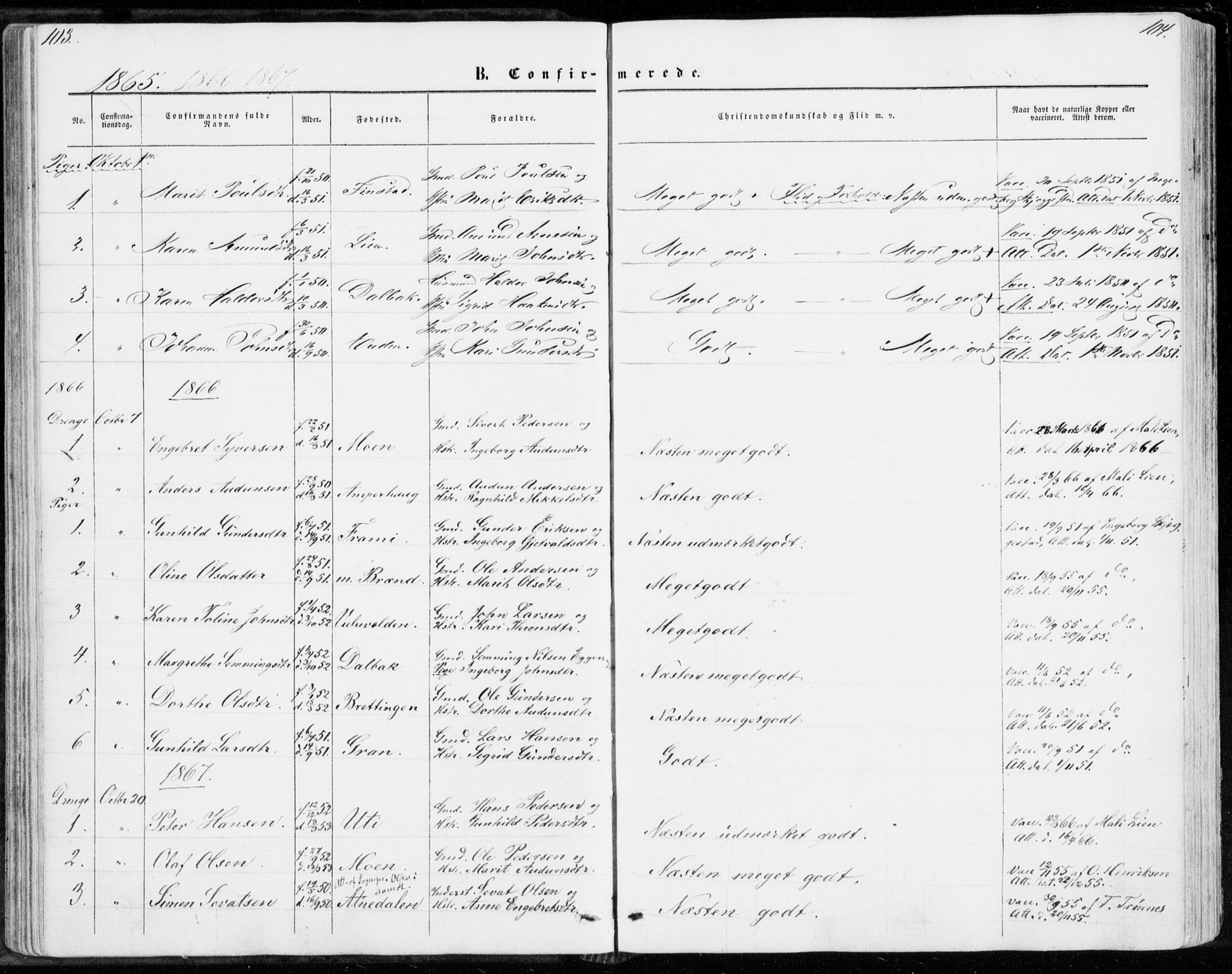 Sollia prestekontor, SAH/PREST-050/H/Ha/Haa/L0001: Parish register (official) no. 1, 1856-1885, p. 103-104