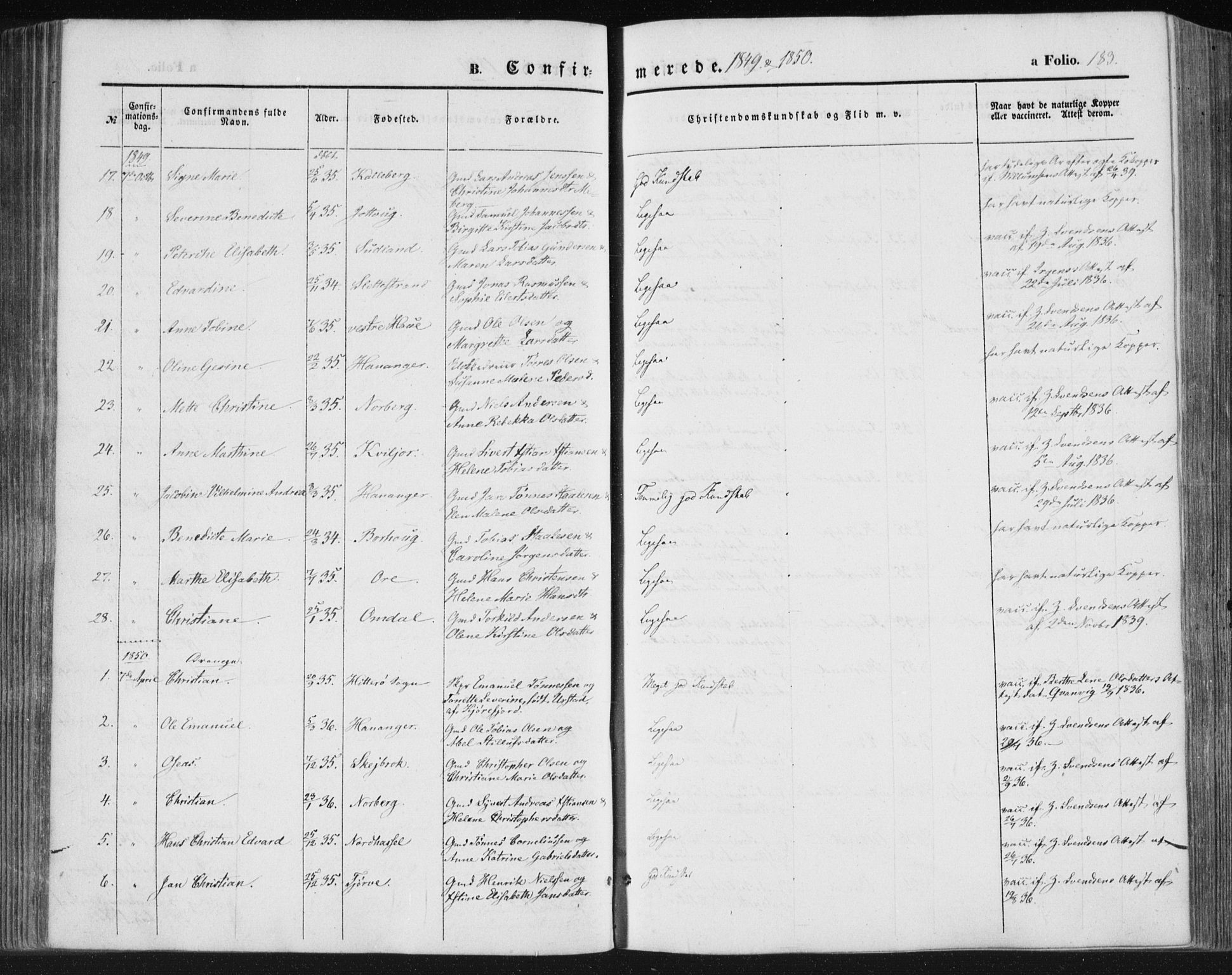 Lista sokneprestkontor, SAK/1111-0027/F/Fa/L0010: Parish register (official) no. A 10, 1846-1861, p. 183