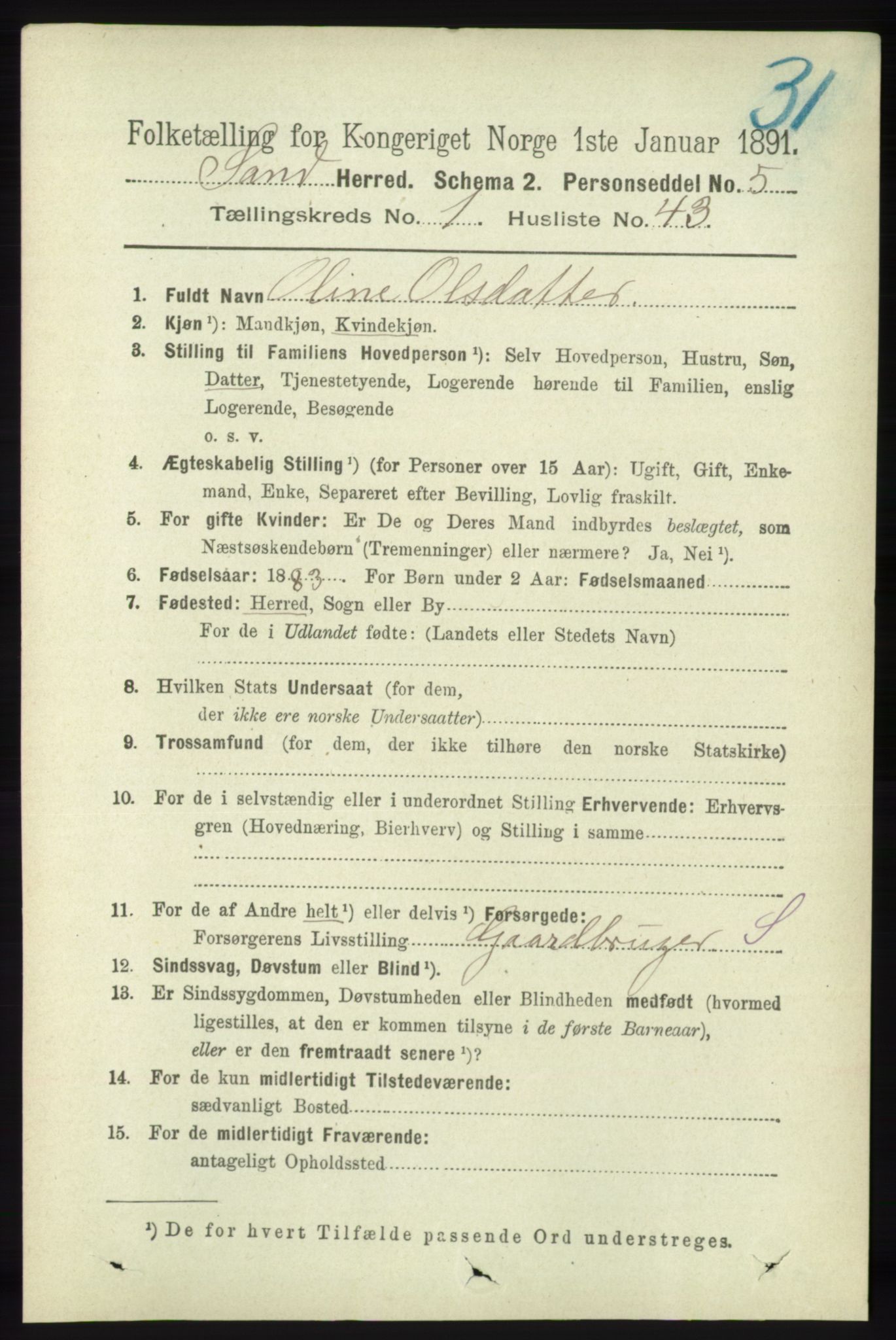 RA, 1891 census for 1136 Sand, 1891, p. 280