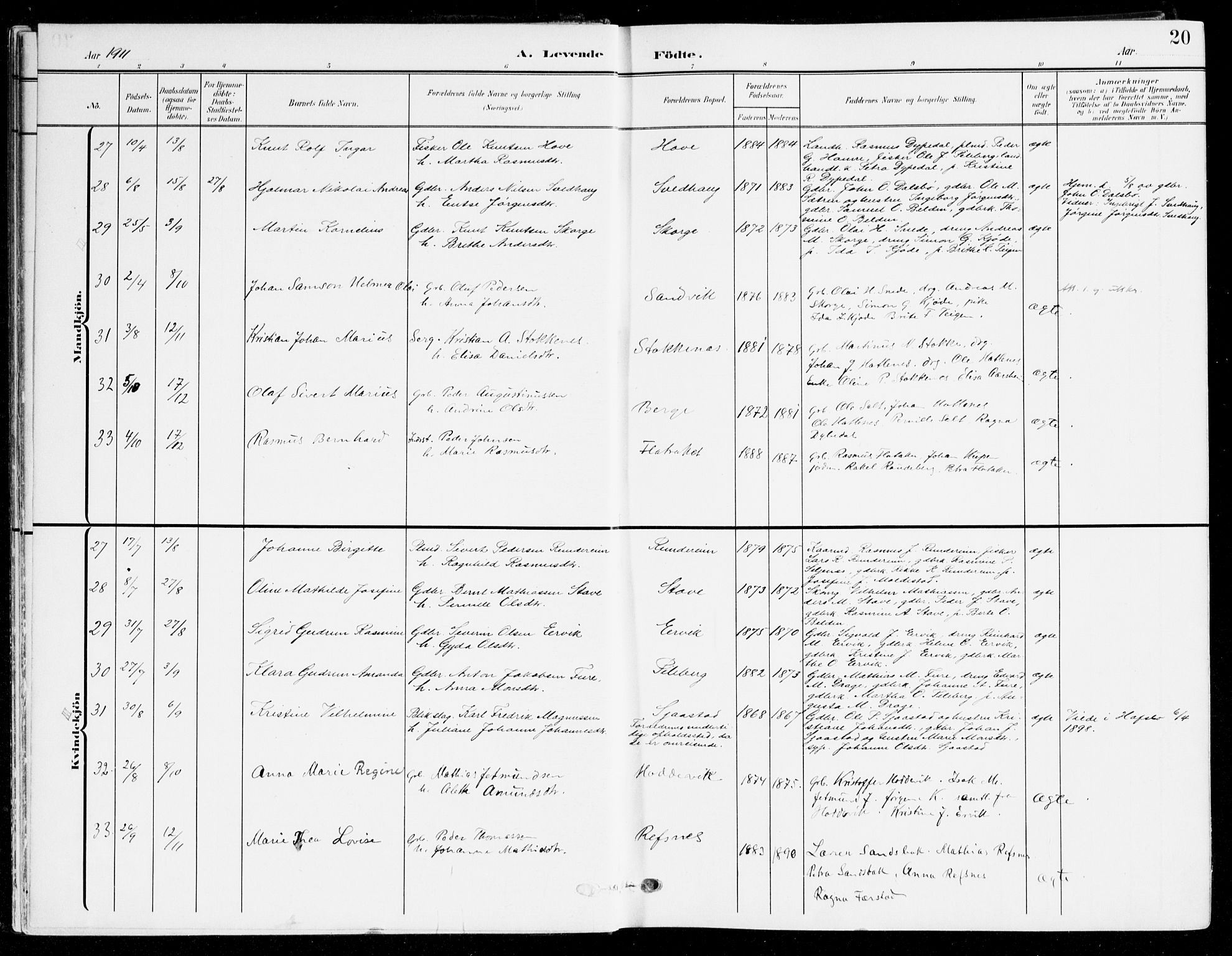 Selje sokneprestembete, AV/SAB-A-99938/H/Ha/Haa/Haab: Parish register (official) no. B 3, 1908-1923, p. 20