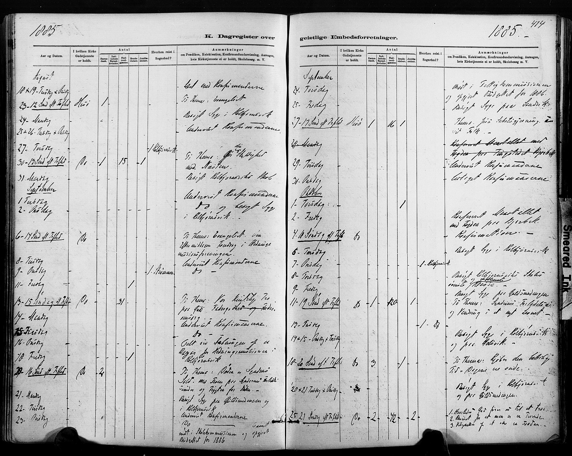 Hisøy sokneprestkontor, SAK/1111-0020/F/Fa/L0003: Parish register (official) no. A 3, 1881-1894, p. 414