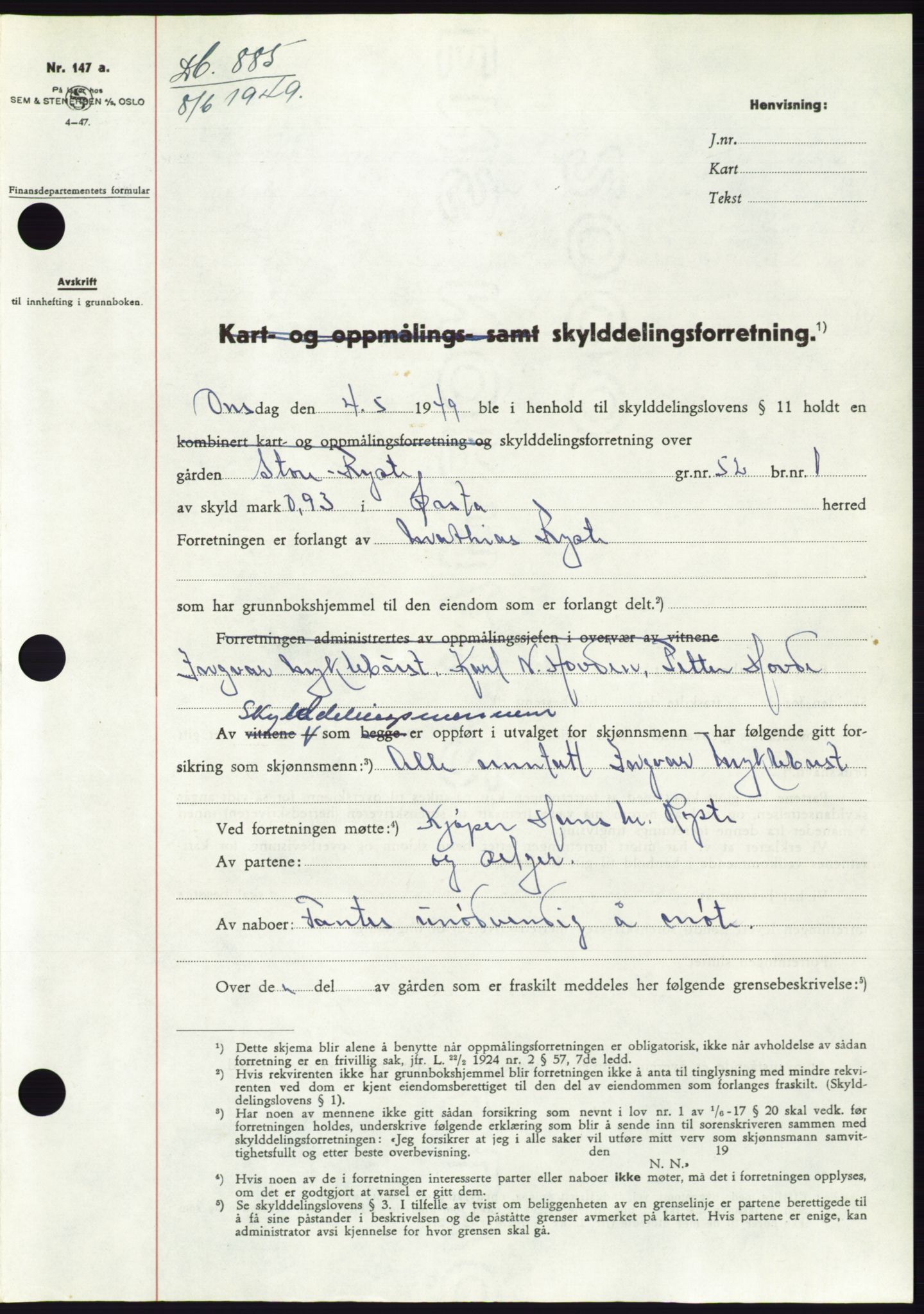 Søre Sunnmøre sorenskriveri, AV/SAT-A-4122/1/2/2C/L0084: Mortgage book no. 10A, 1949-1949, Diary no: : 885/1949