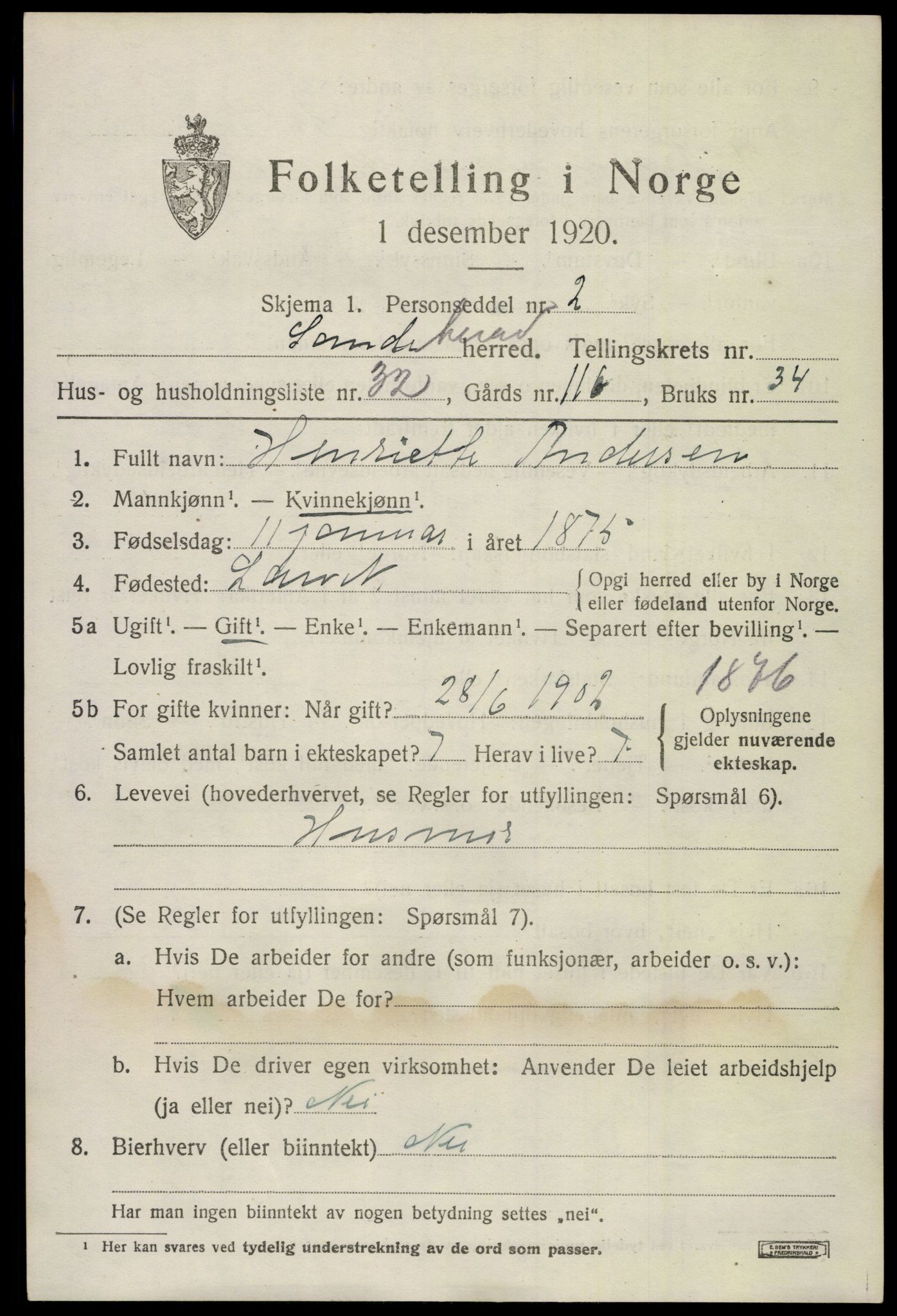 SAKO, 1920 census for Sandeherred, 1920, p. 19668
