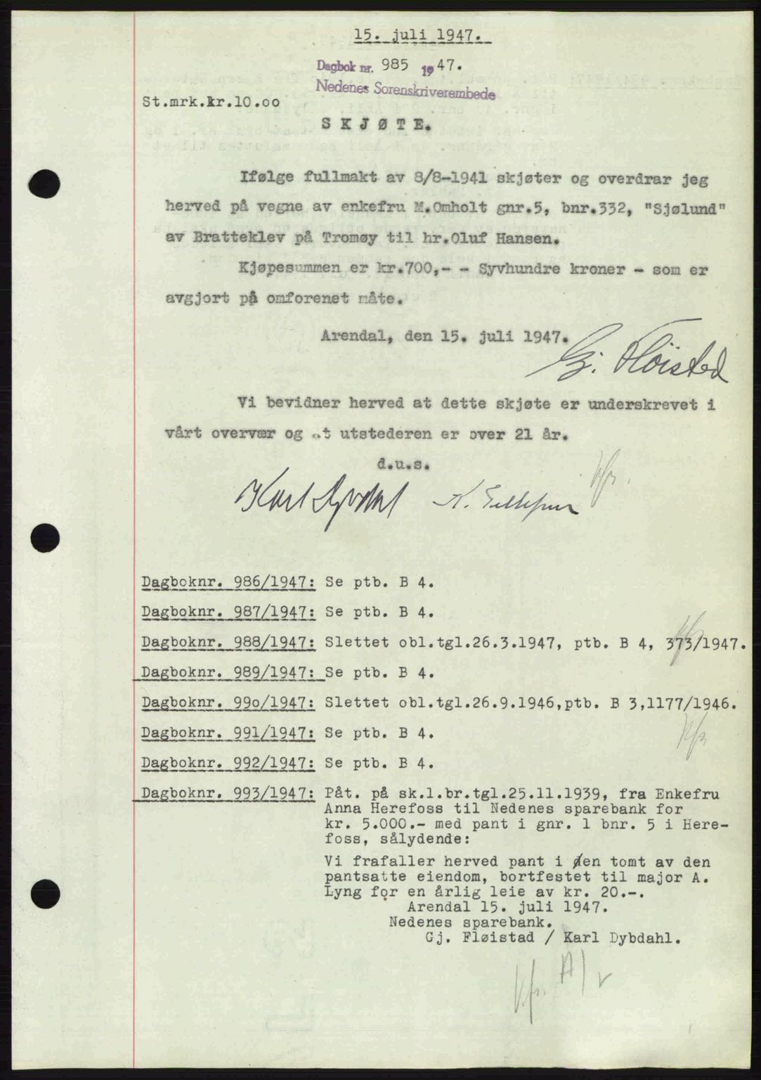 Nedenes sorenskriveri, SAK/1221-0006/G/Gb/Gba/L0057: Mortgage book no. A9, 1947-1947, Diary no: : 985/1947