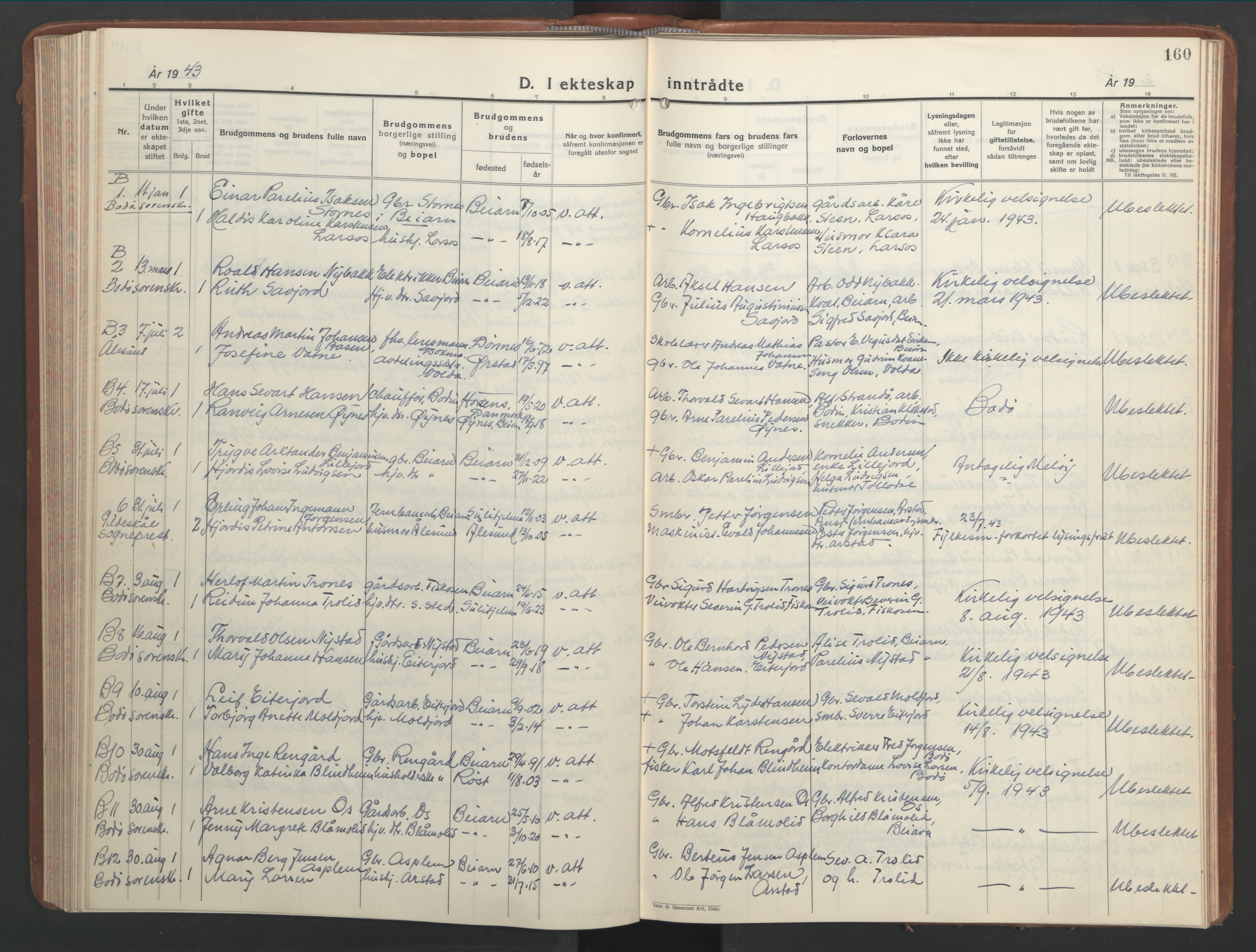 Ministerialprotokoller, klokkerbøker og fødselsregistre - Nordland, SAT/A-1459/846/L0657: Parish register (copy) no. 846C07, 1936-1952, p. 160