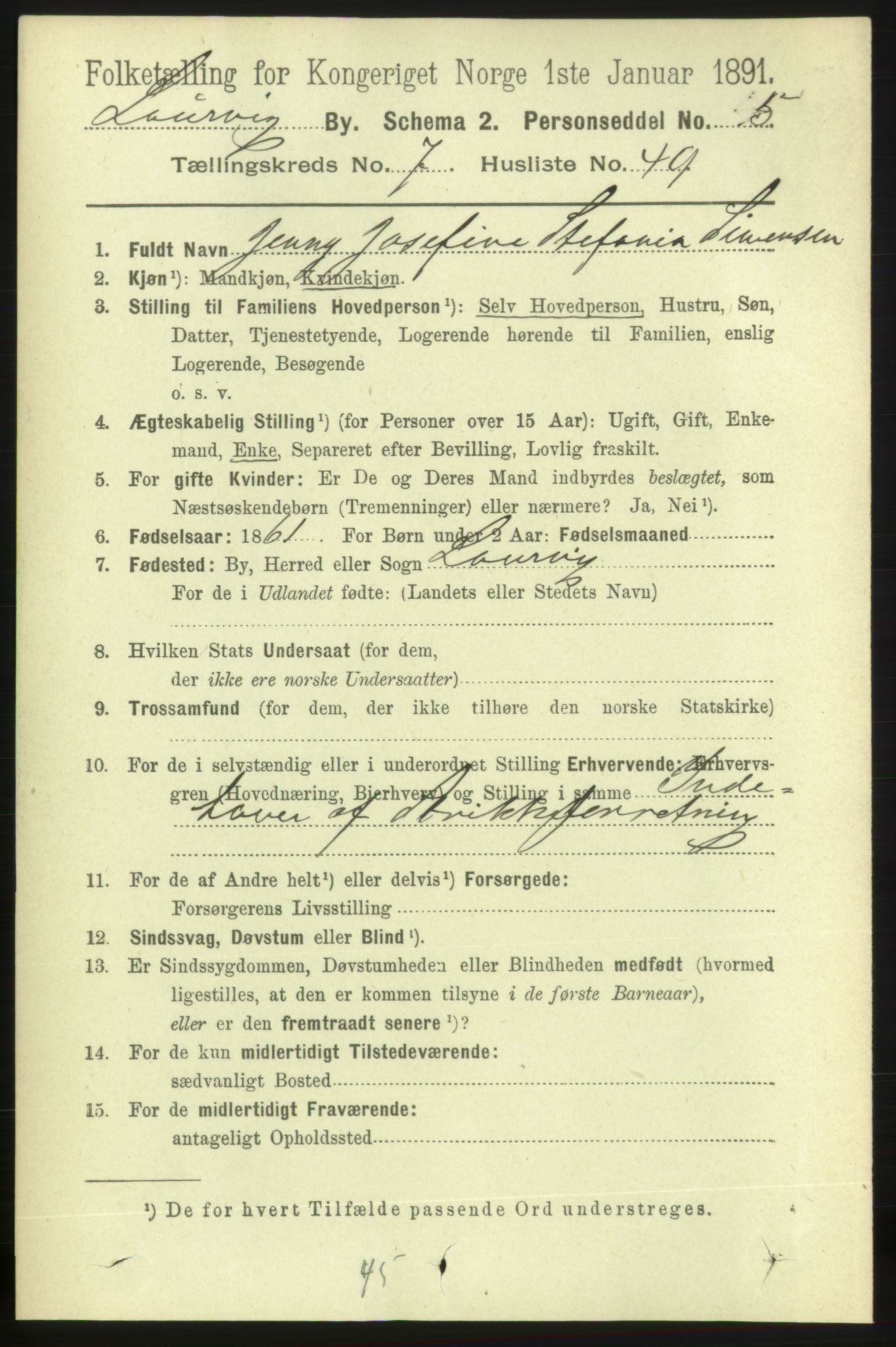 RA, 1891 census for 0707 Larvik, 1891, p. 7811