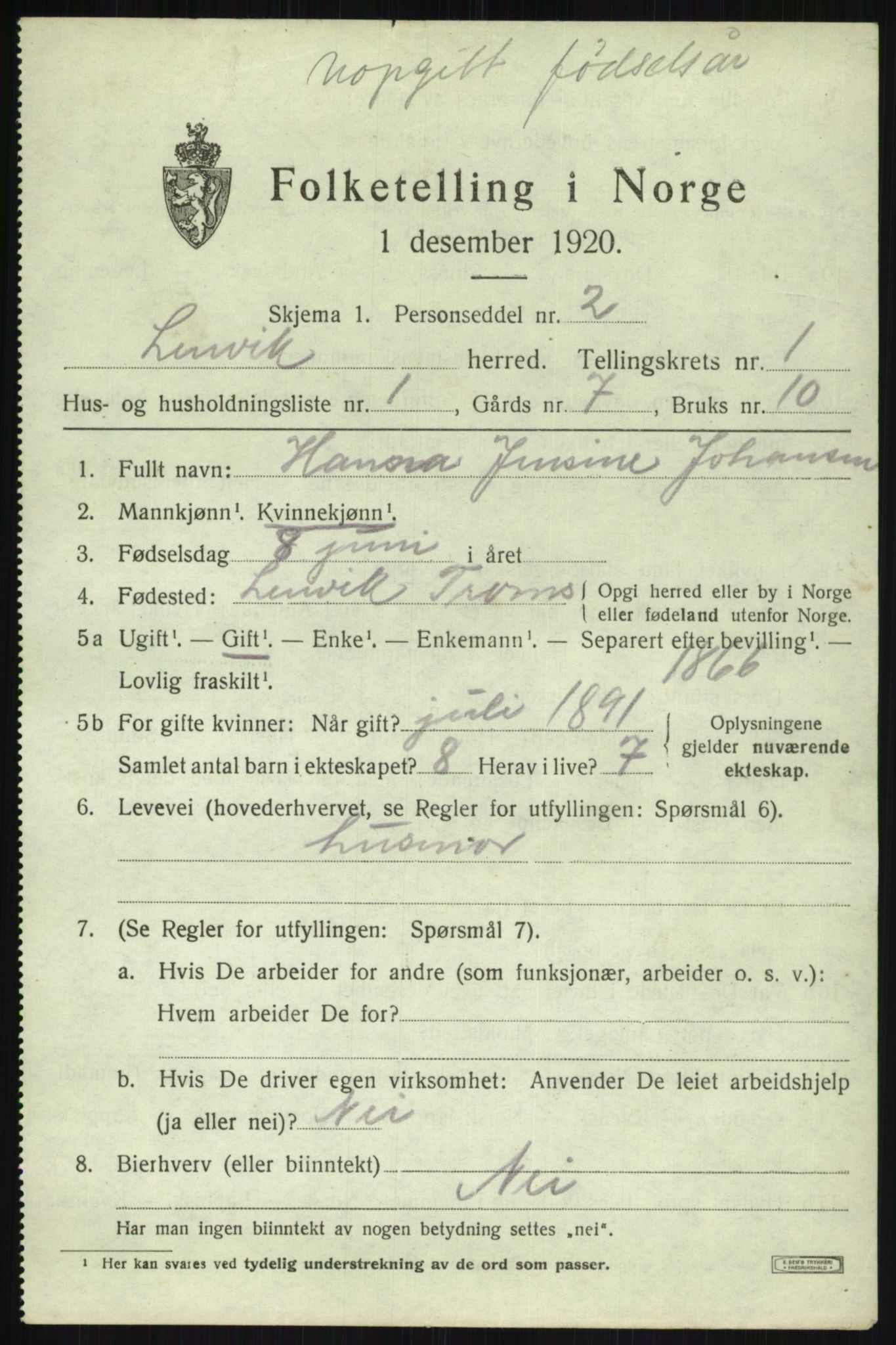 SATØ, 1920 census for Lenvik, 1920, p. 1954