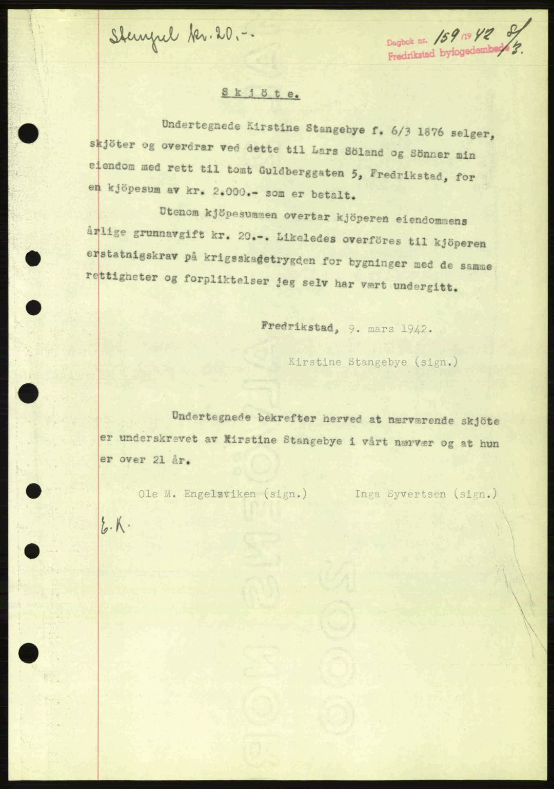 Fredrikstad byfogd, AV/SAO-A-10473a/G/Ga/Gac/L0002: Mortgage book no. A32a, 1940-1945, Diary no: : 159/1942