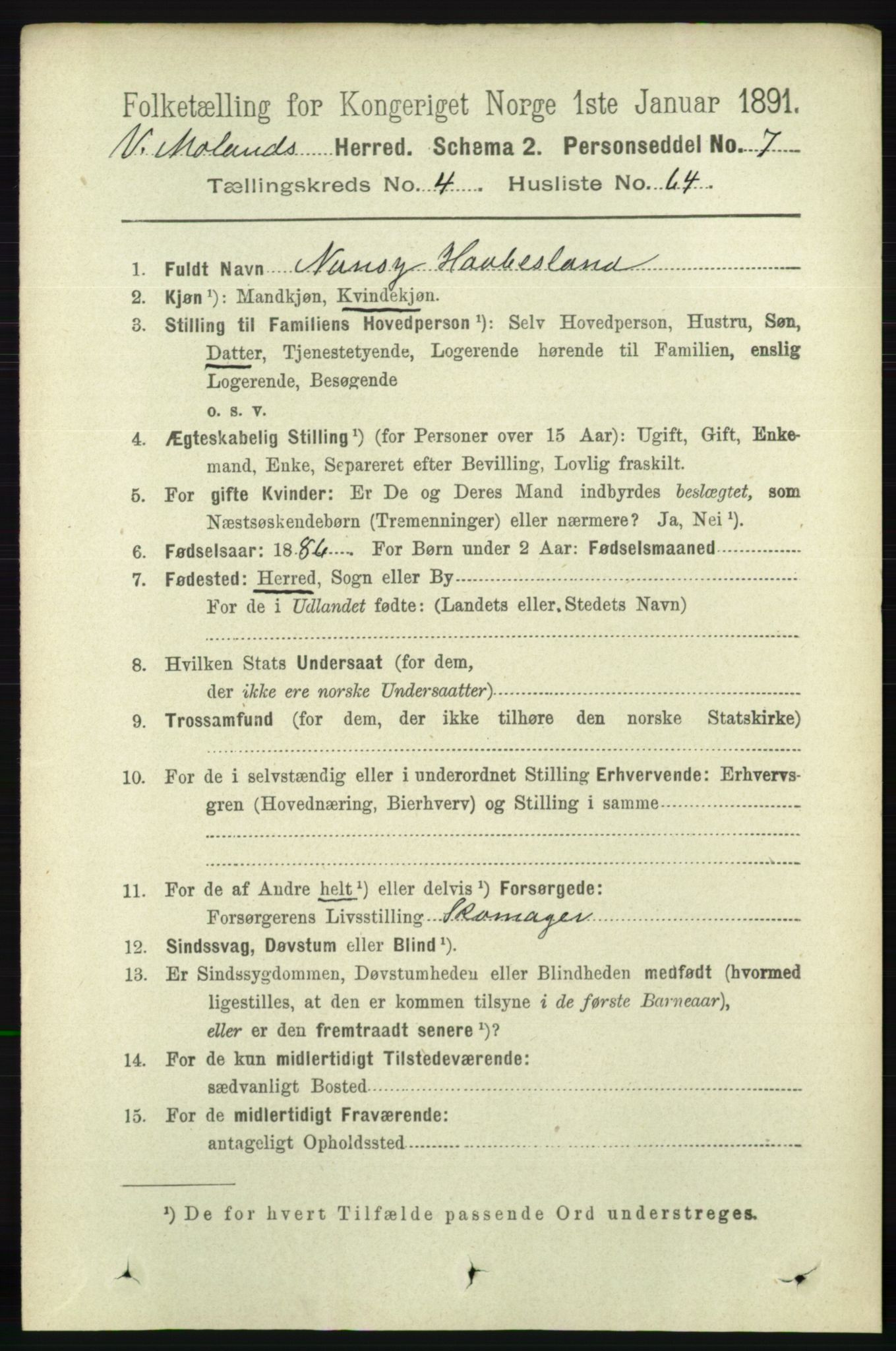 RA, 1891 census for 0926 Vestre Moland, 1891, p. 1666