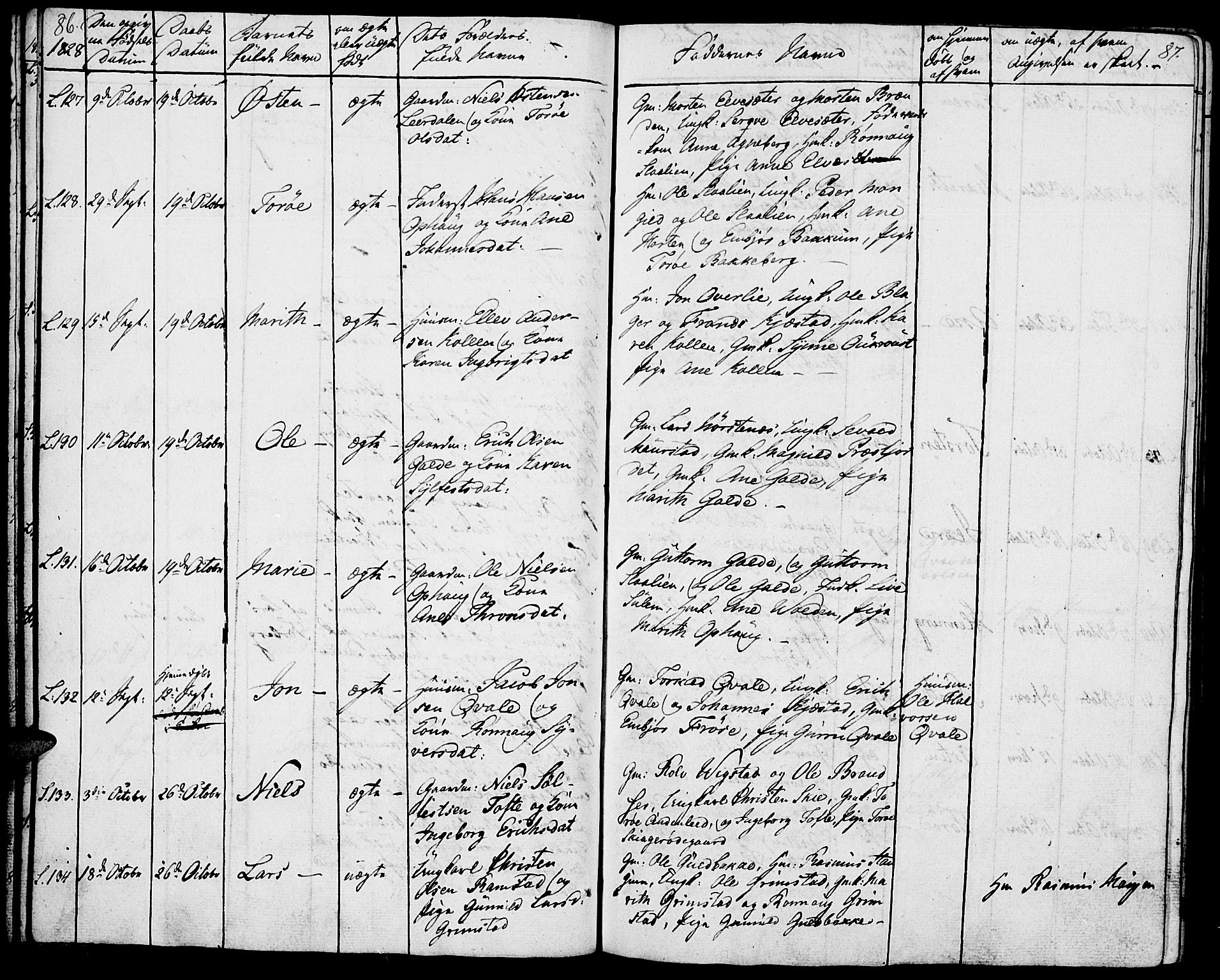 Lom prestekontor, SAH/PREST-070/K/L0005: Parish register (official) no. 5, 1825-1837, p. 86-87