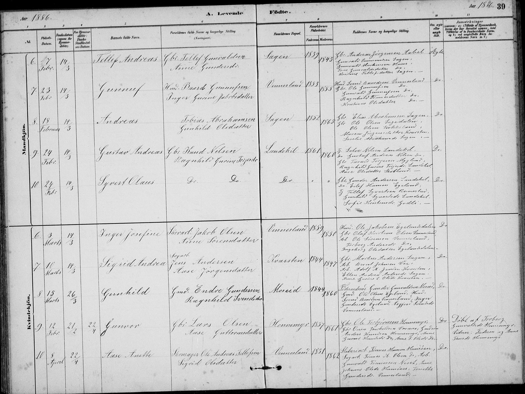 Vennesla sokneprestkontor, AV/SAK-1111-0045/Fb/Fbb/L0003: Parish register (copy) no. B 3, 1879-1893, p. 39