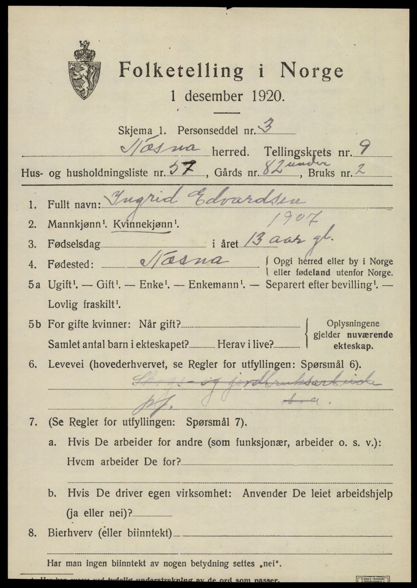 SAT, 1920 census for Nesna, 1920, p. 7939