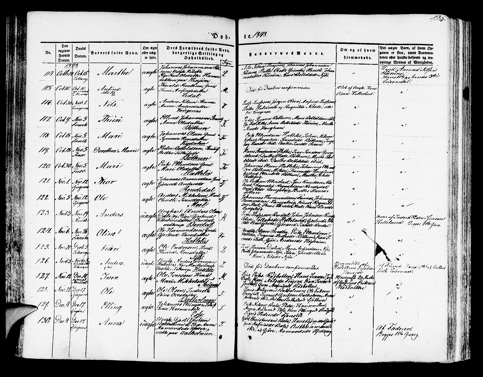 Leikanger sokneprestembete, AV/SAB-A-81001/H/Haa/Haaa/L0007: Parish register (official) no. A 7, 1838-1851, p. 125