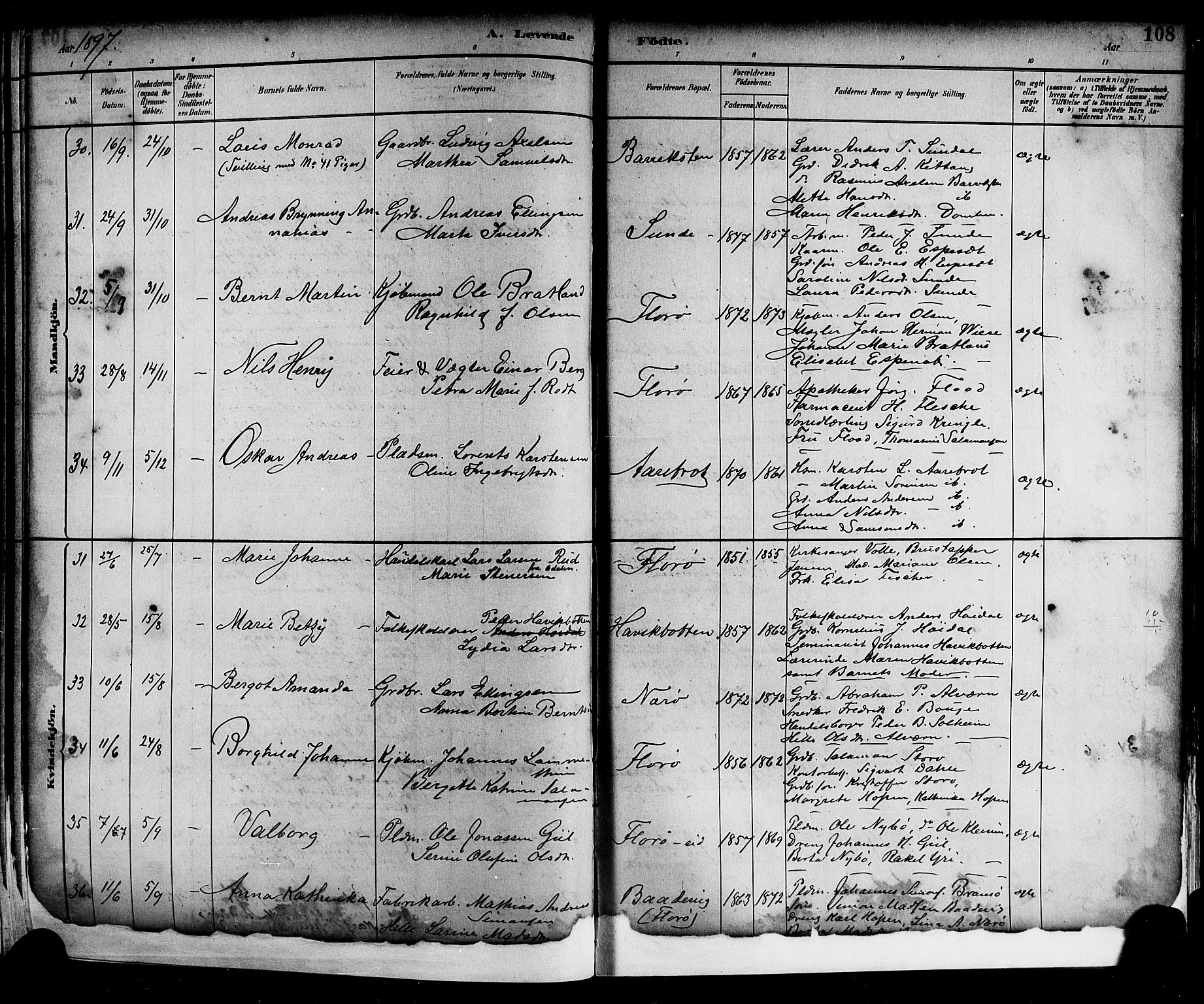 Kinn sokneprestembete, AV/SAB-A-80801/H/Hab/Haba/L0002: Parish register (copy) no. A 2, 1882-1906, p. 108