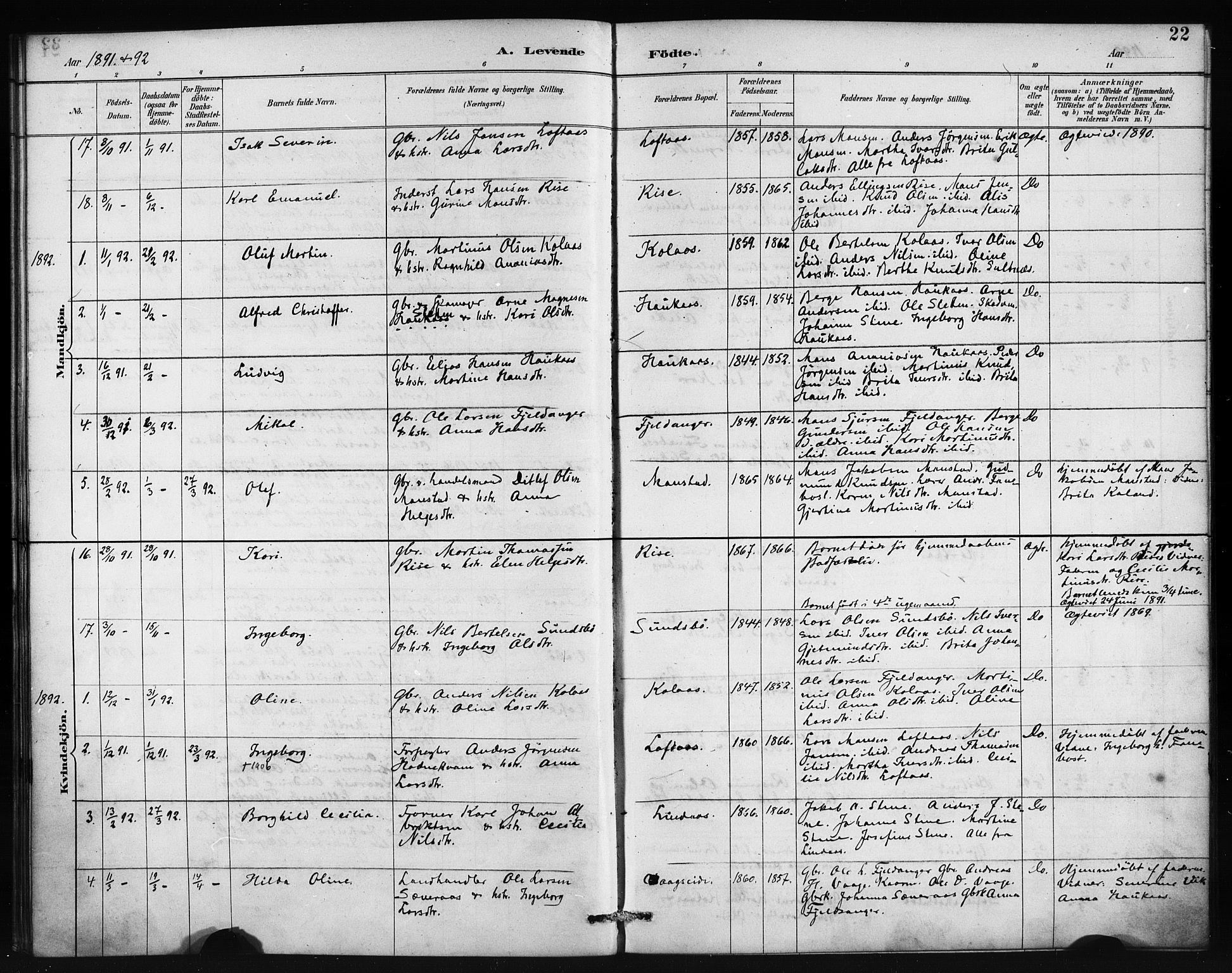 Lindås Sokneprestembete, AV/SAB-A-76701/H/Haa/Haab/L0001: Parish register (official) no. B 1, 1886-1900, p. 22