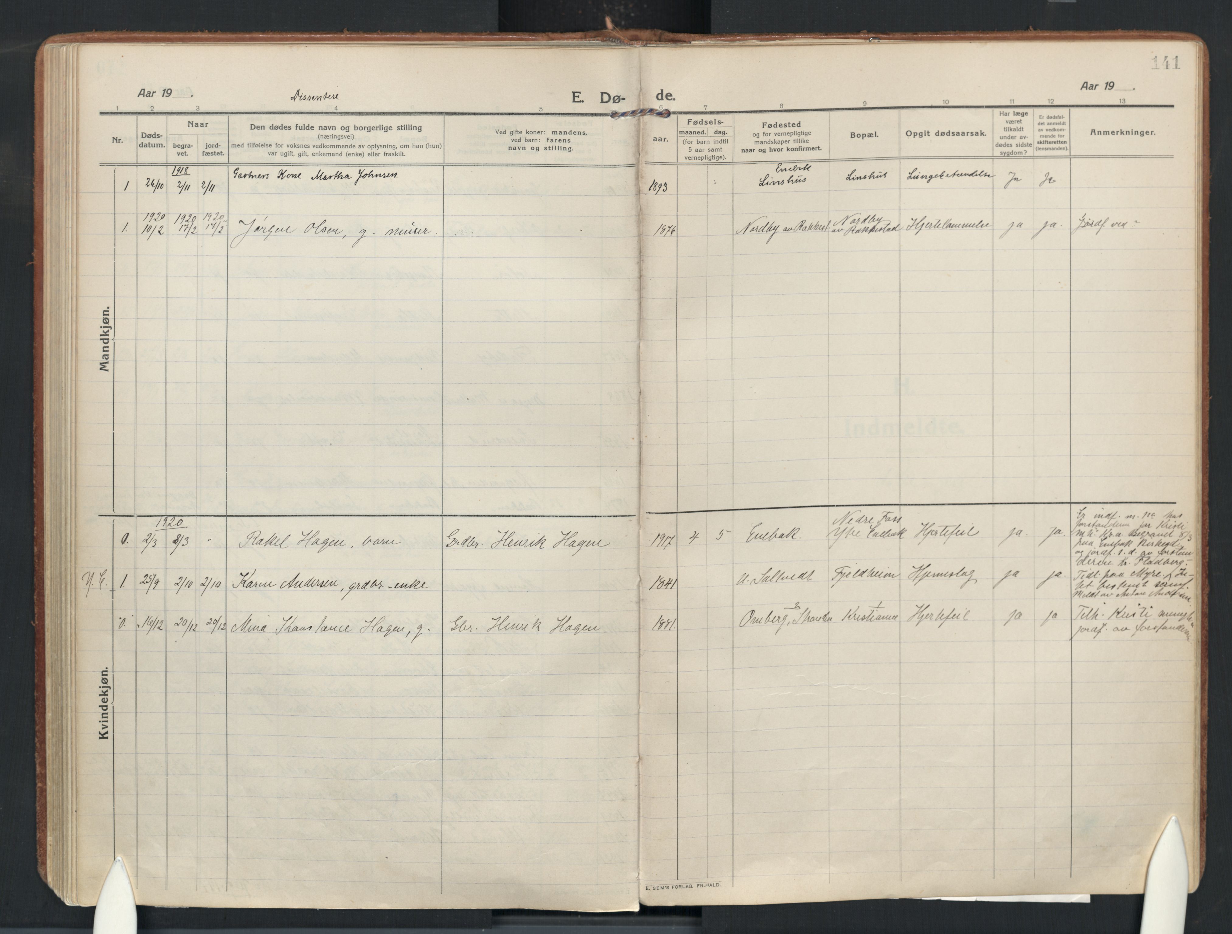 Enebakk prestekontor Kirkebøker, AV/SAO-A-10171c/F/Fa/L0019: Parish register (official) no. I 19, 1912-1935, p. 141