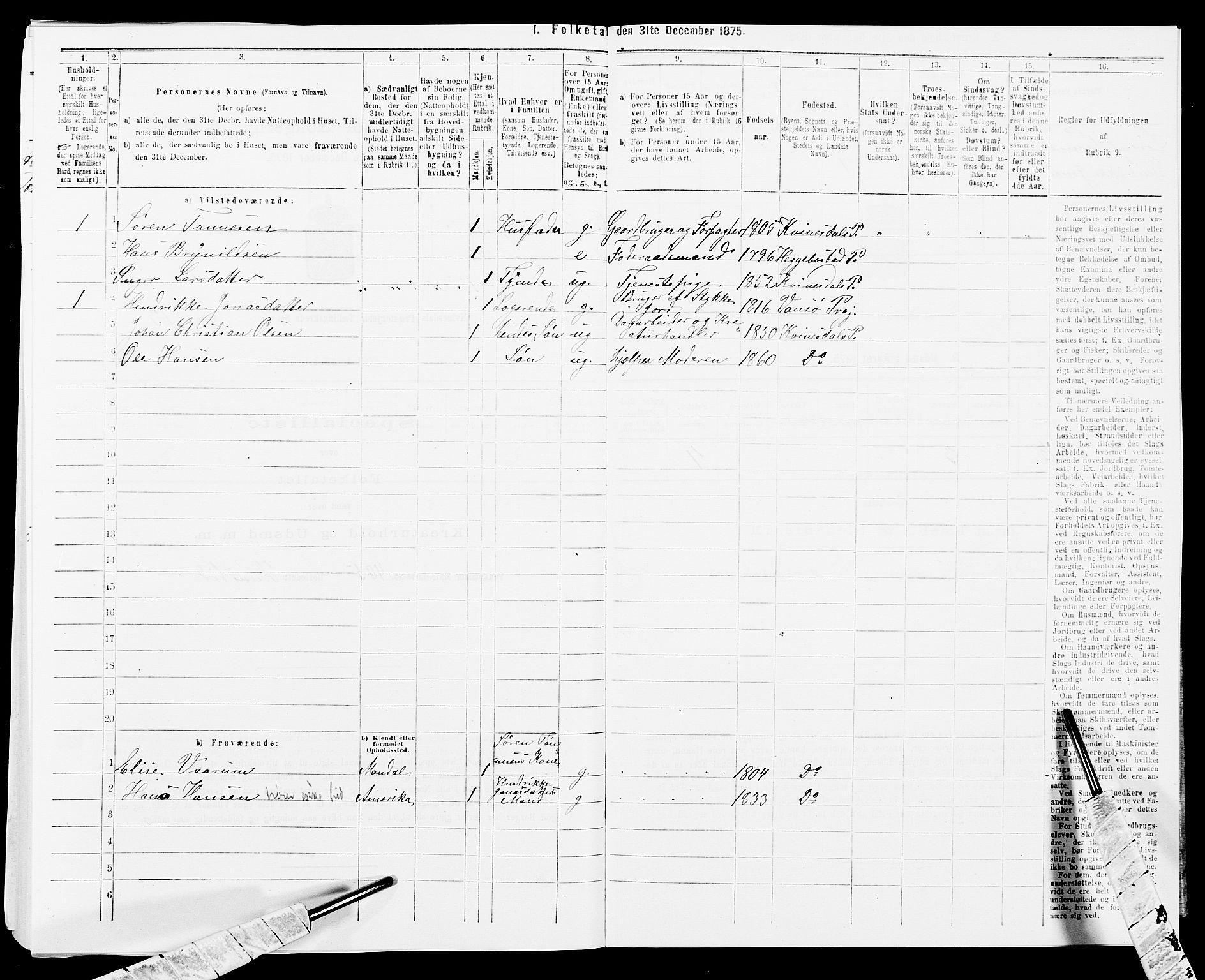 SAK, 1875 census for 1037P Kvinesdal, 1875, p. 420