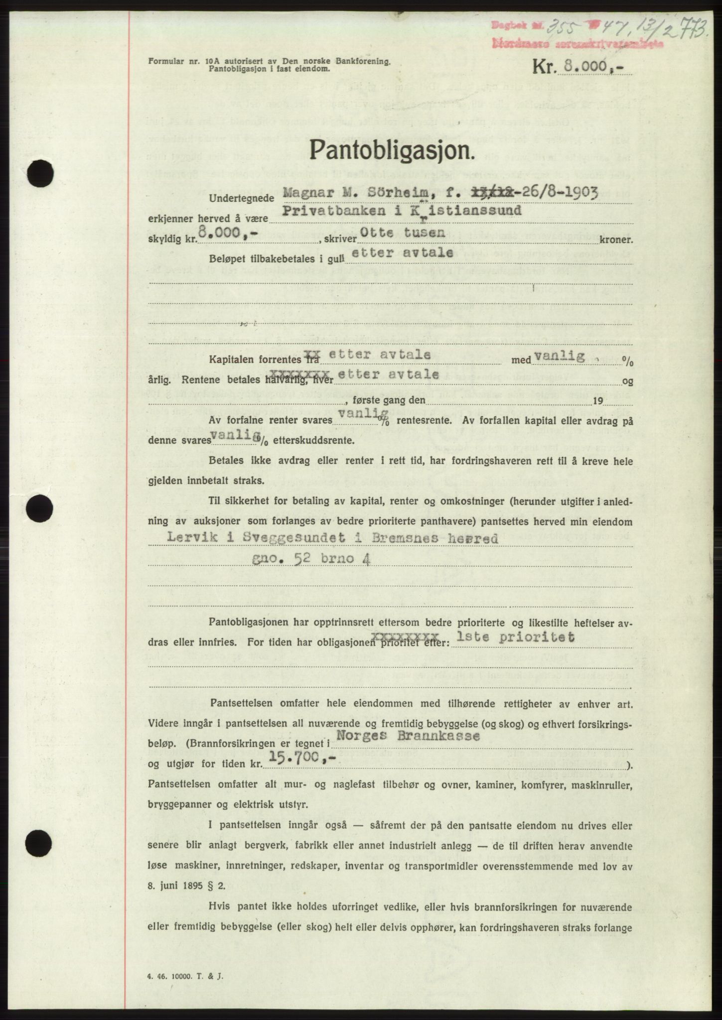 Nordmøre sorenskriveri, AV/SAT-A-4132/1/2/2Ca: Mortgage book no. B95, 1946-1947, Diary no: : 355/1947