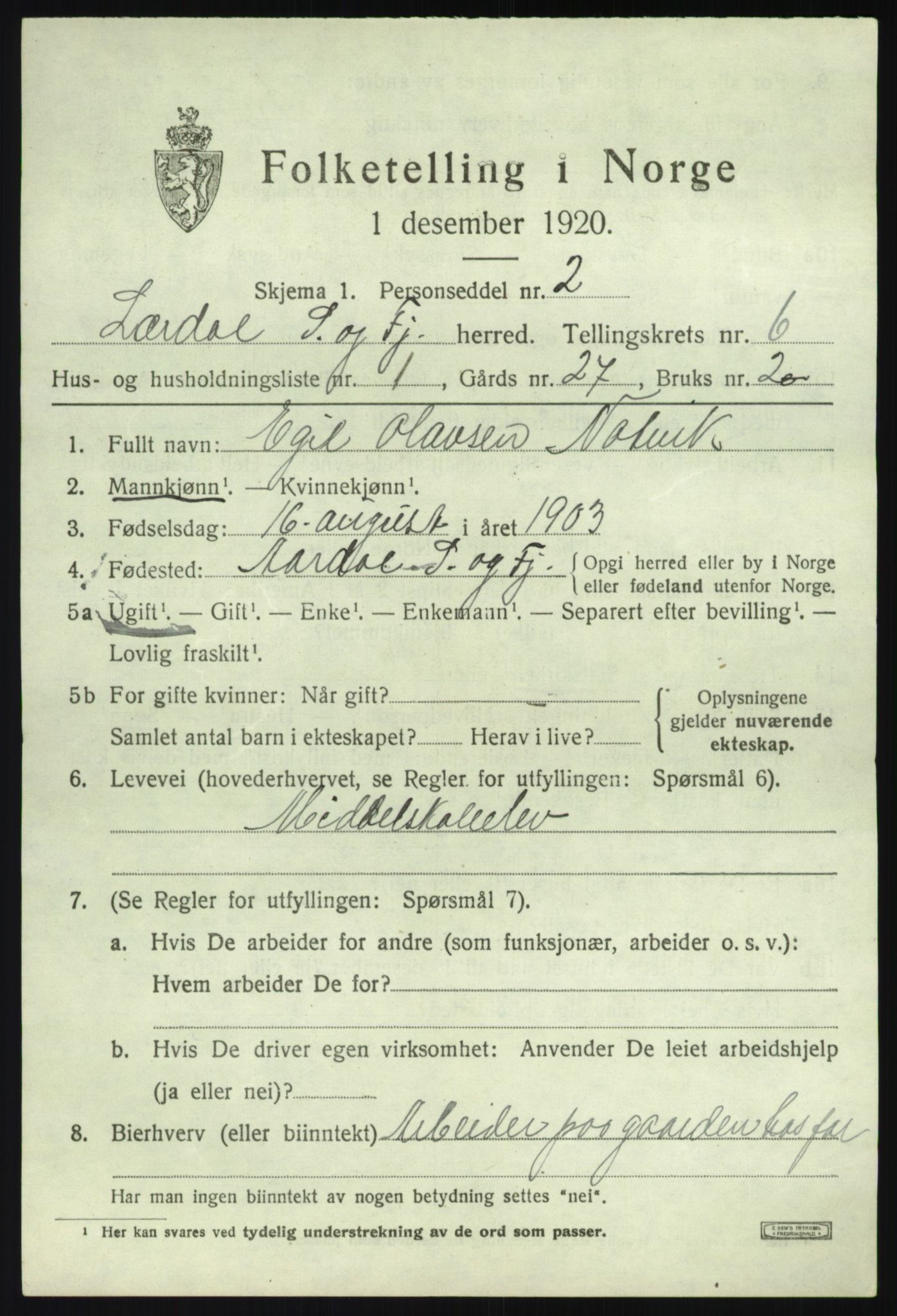 SAB, 1920 census for Lærdal, 1920, p. 2694