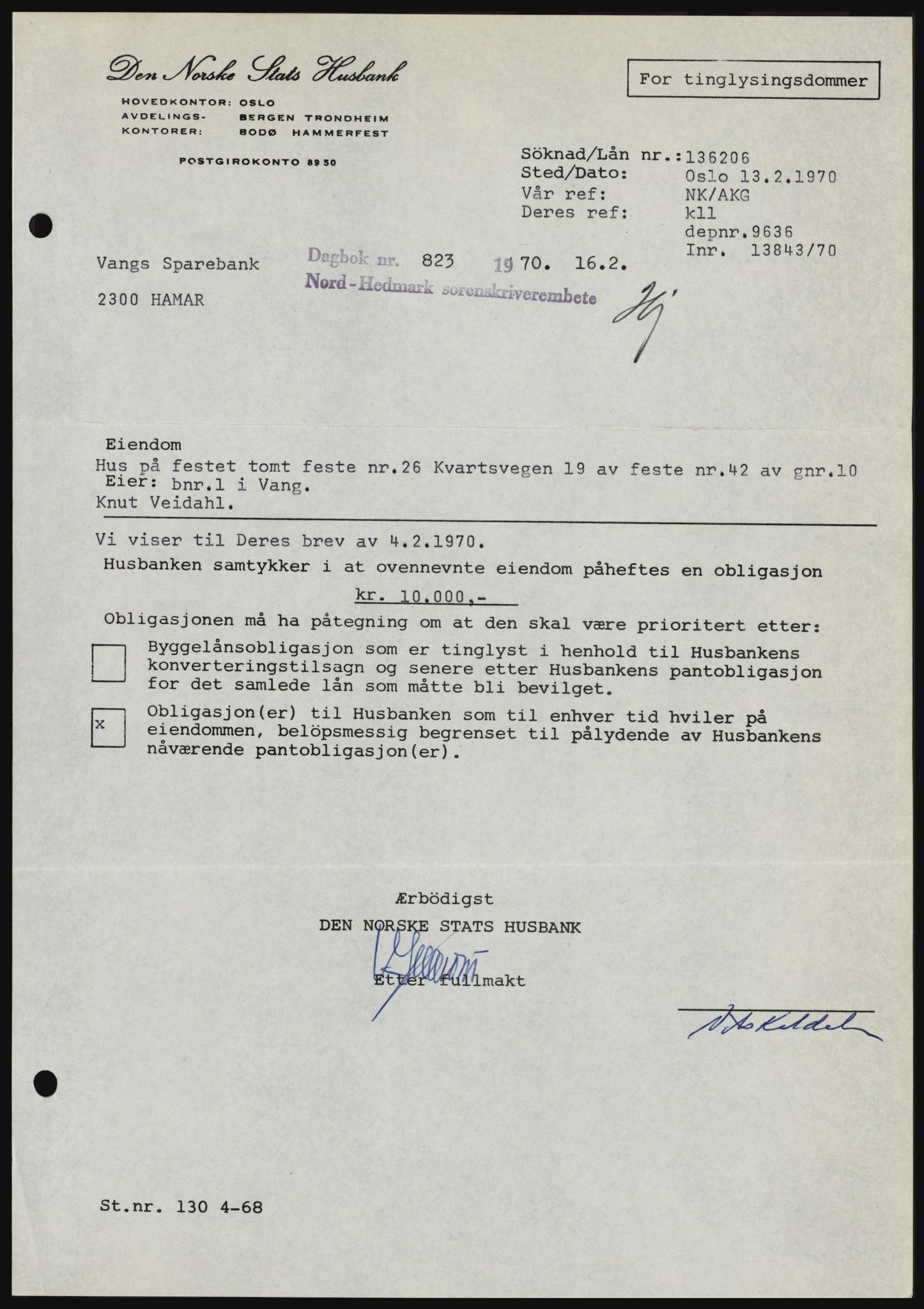 Nord-Hedmark sorenskriveri, SAH/TING-012/H/Hc/L0033: Mortgage book no. 33, 1970-1970, Diary no: : 823/1970