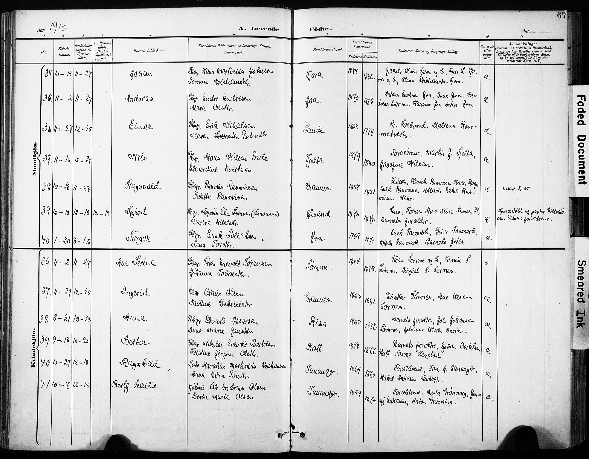 Håland sokneprestkontor, AV/SAST-A-101802/001/30BA/L0013: Parish register (official) no. A 12, 1901-1913, p. 67