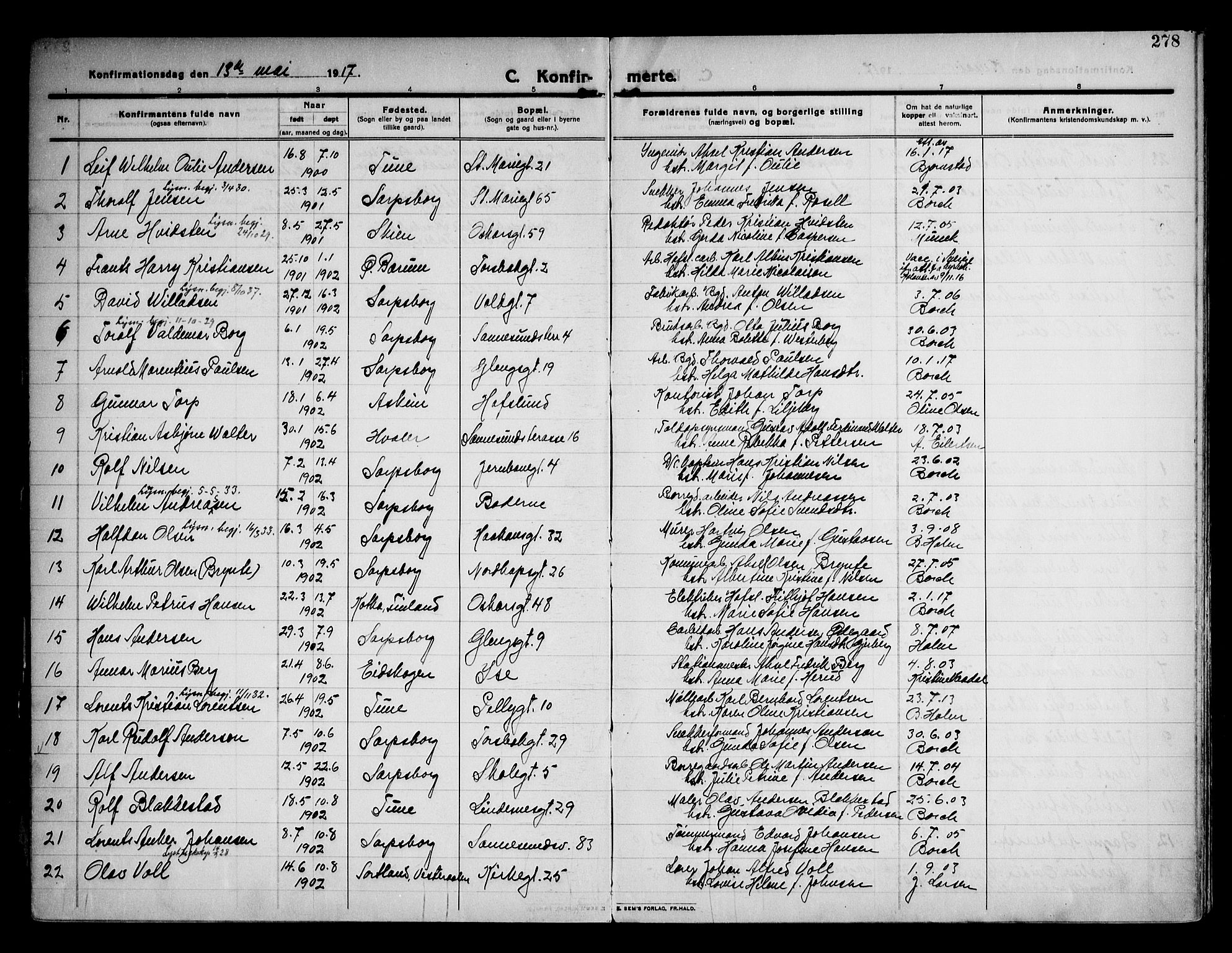 Sarpsborg prestekontor Kirkebøker, AV/SAO-A-2006/F/Fa/L0008: Parish register (official) no. 8, 1910-1920, p. 278