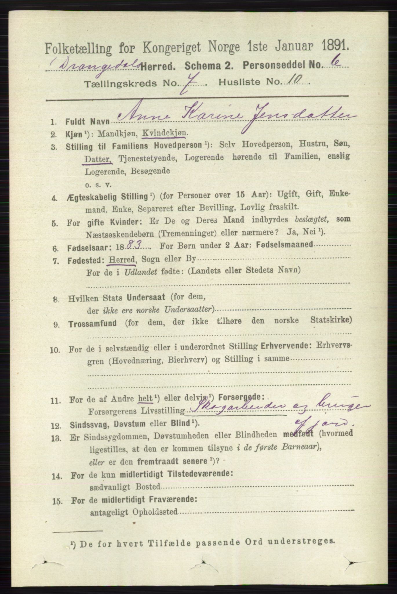 RA, 1891 census for 0817 Drangedal, 1891, p. 2476