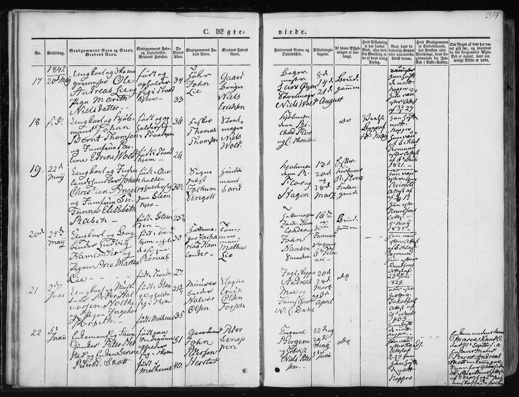 Ministerialprotokoller, klokkerbøker og fødselsregistre - Sør-Trøndelag, SAT/A-1456/601/L0049: Parish register (official) no. 601A17, 1839-1847, p. 314