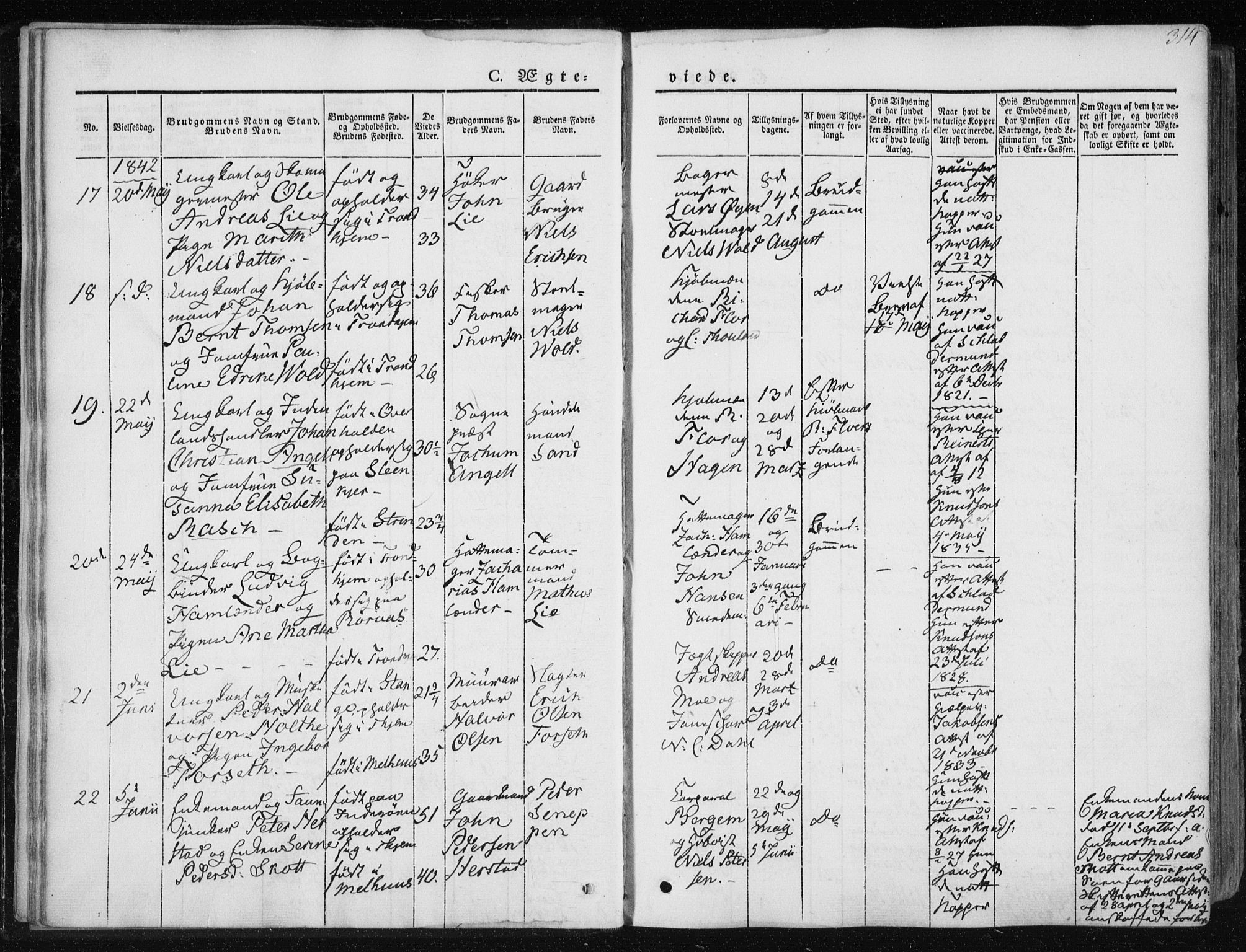 Ministerialprotokoller, klokkerbøker og fødselsregistre - Sør-Trøndelag, AV/SAT-A-1456/601/L0049: Parish register (official) no. 601A17, 1839-1847, p. 314