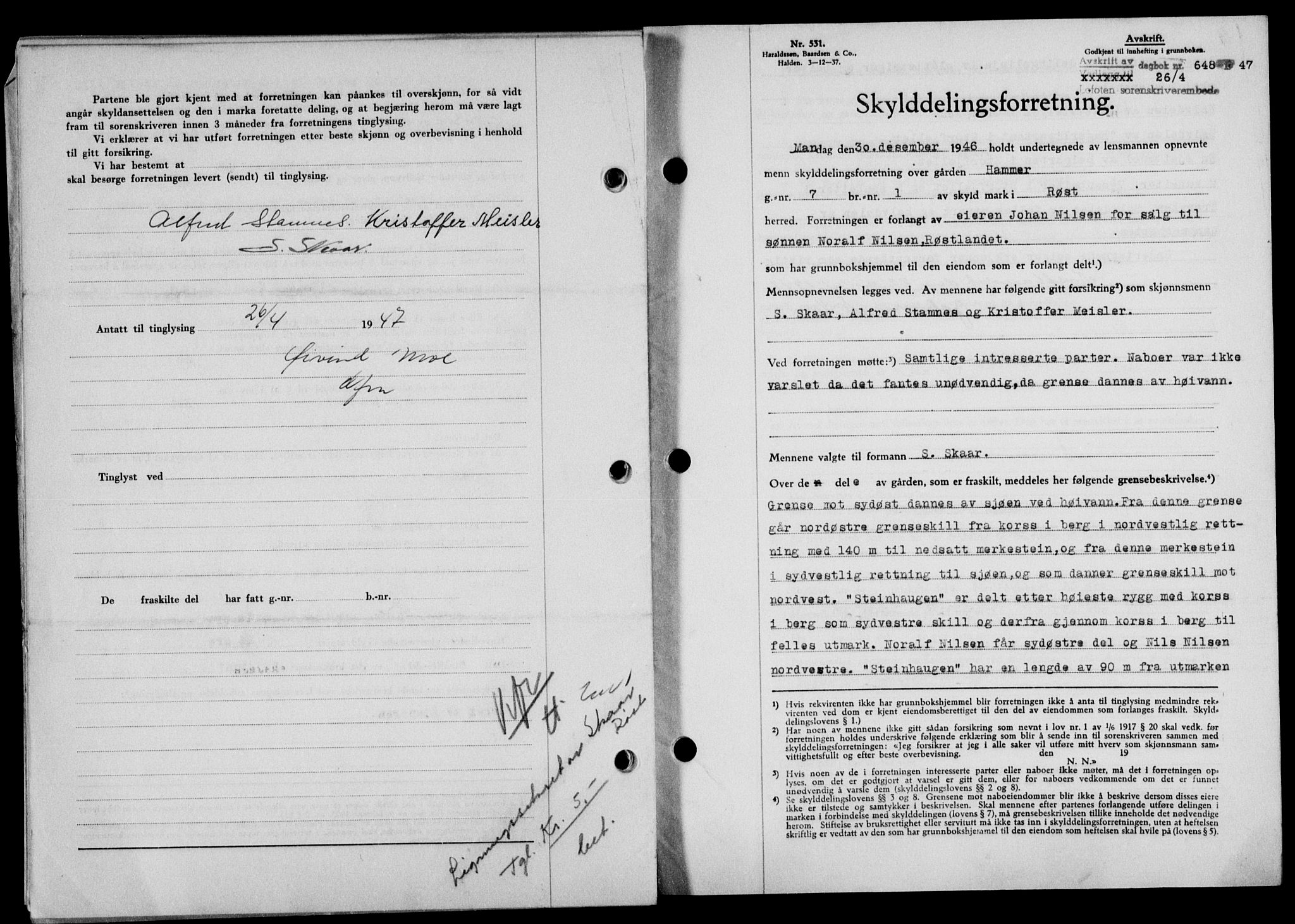 Lofoten sorenskriveri, SAT/A-0017/1/2/2C/L0015a: Mortgage book no. 15a, 1946-1947, Diary no: : 648/1947