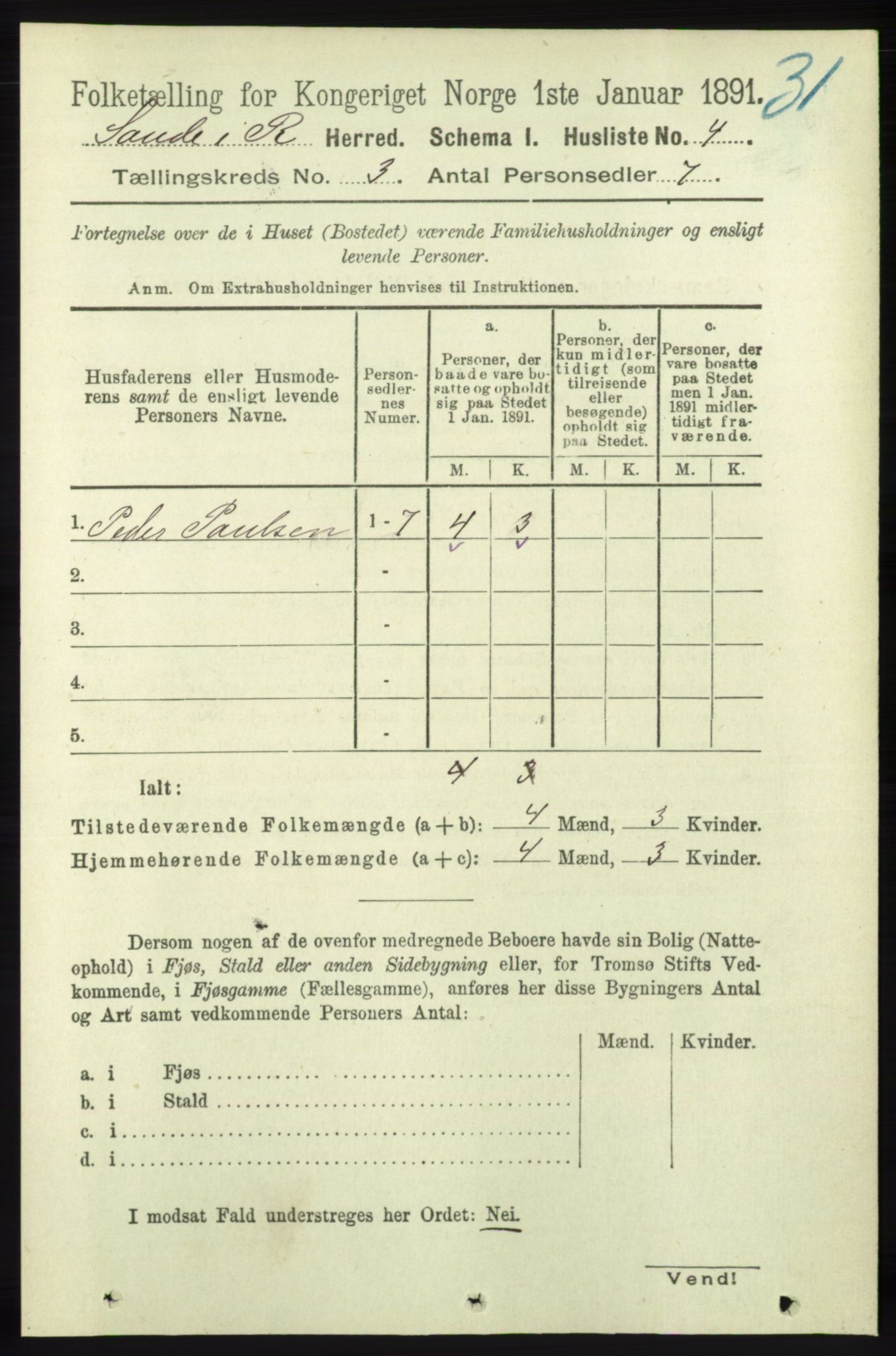 RA, 1891 census for 1135 Sauda, 1891, p. 1152